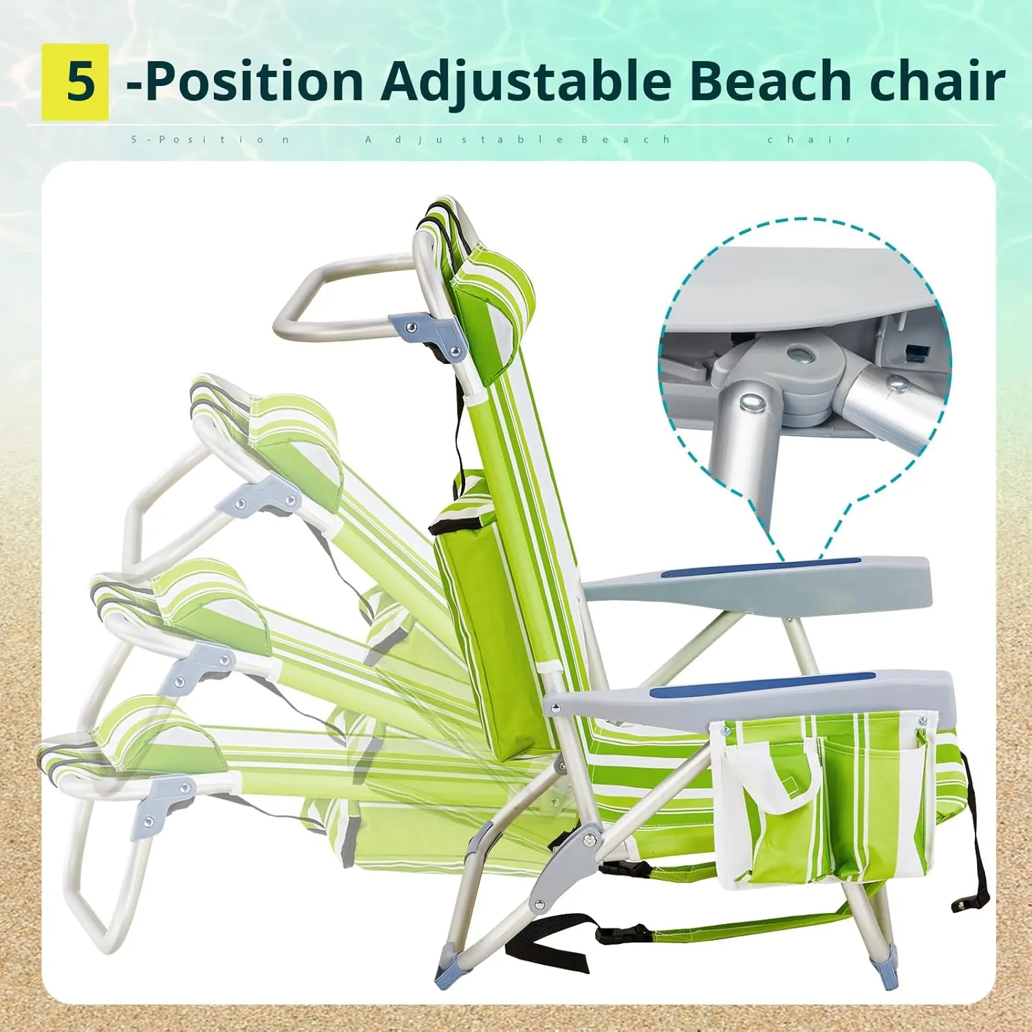 Outdoor Low Beach Lawn Chair,Portable Lightweight Folding Chair for Adults,Folding Beach Chair,Portable Backpack Foldable Camping Chair,with Cup Holder,for Patio Pool Yard Garden (Green Stripes)