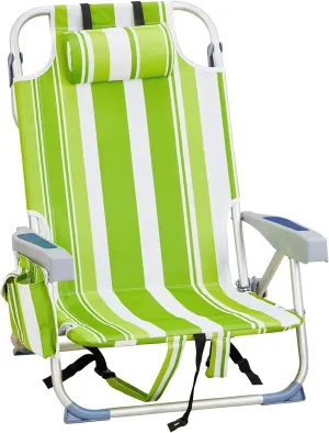 Outdoor Low Beach Lawn Chair,Portable Lightweight Folding Chair for Adults,Folding Beach Chair,Portable Backpack Foldable Camping Chair,with Cup Holder,for Patio Pool Yard Garden (Green Stripes)