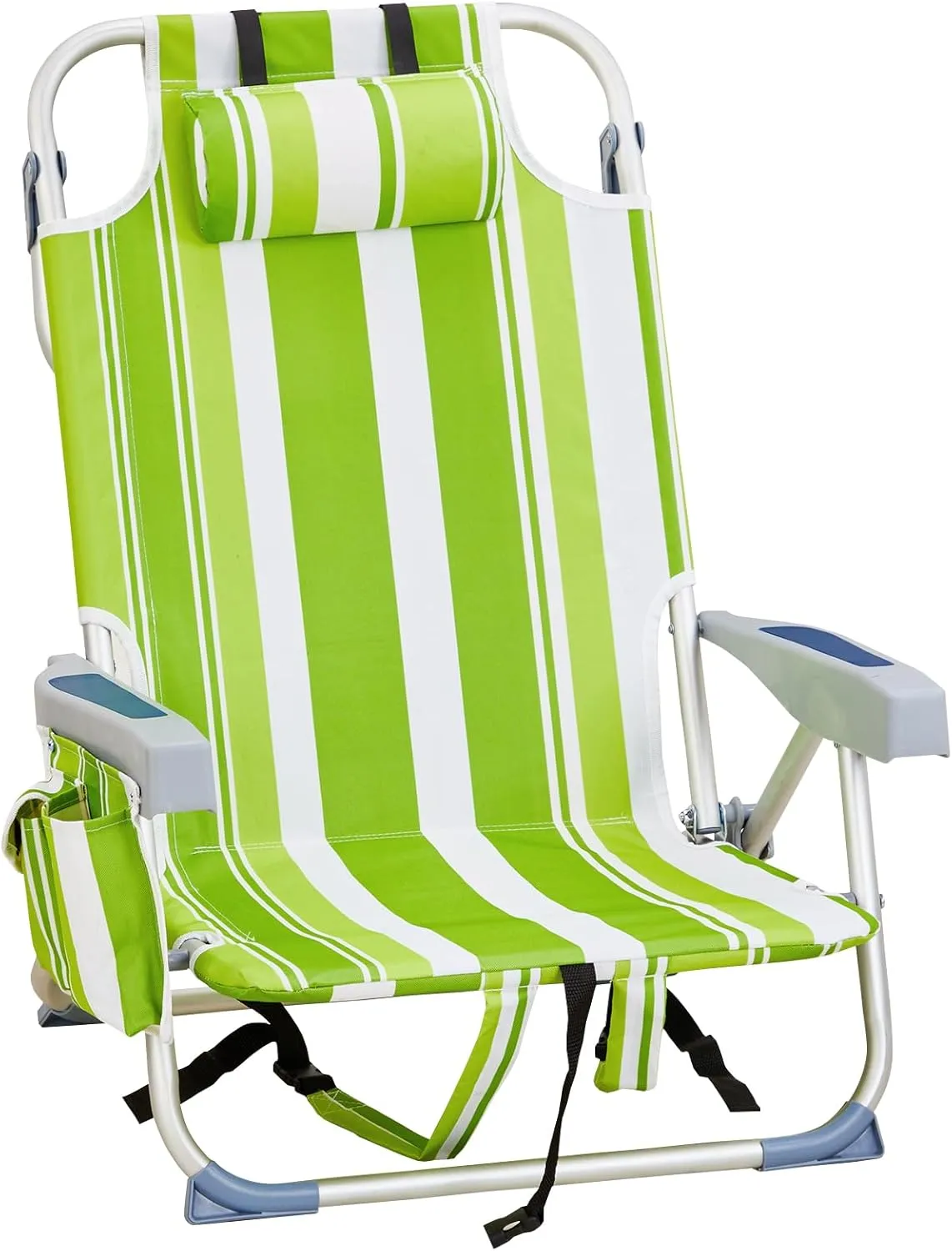 Outdoor Low Beach Lawn Chair,Portable Lightweight Folding Chair for Adults,Folding Beach Chair,Portable Backpack Foldable Camping Chair,with Cup Holder,for Patio Pool Yard Garden (Green Stripes)