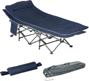 Outsunny Folding Camping Cot, Double Layer Heavy Duty Sleeping Cot with Carry Bag, Headrest, 2-Sided Reversible Mattress, Portable & Lightweight Cot Bed, Blue
