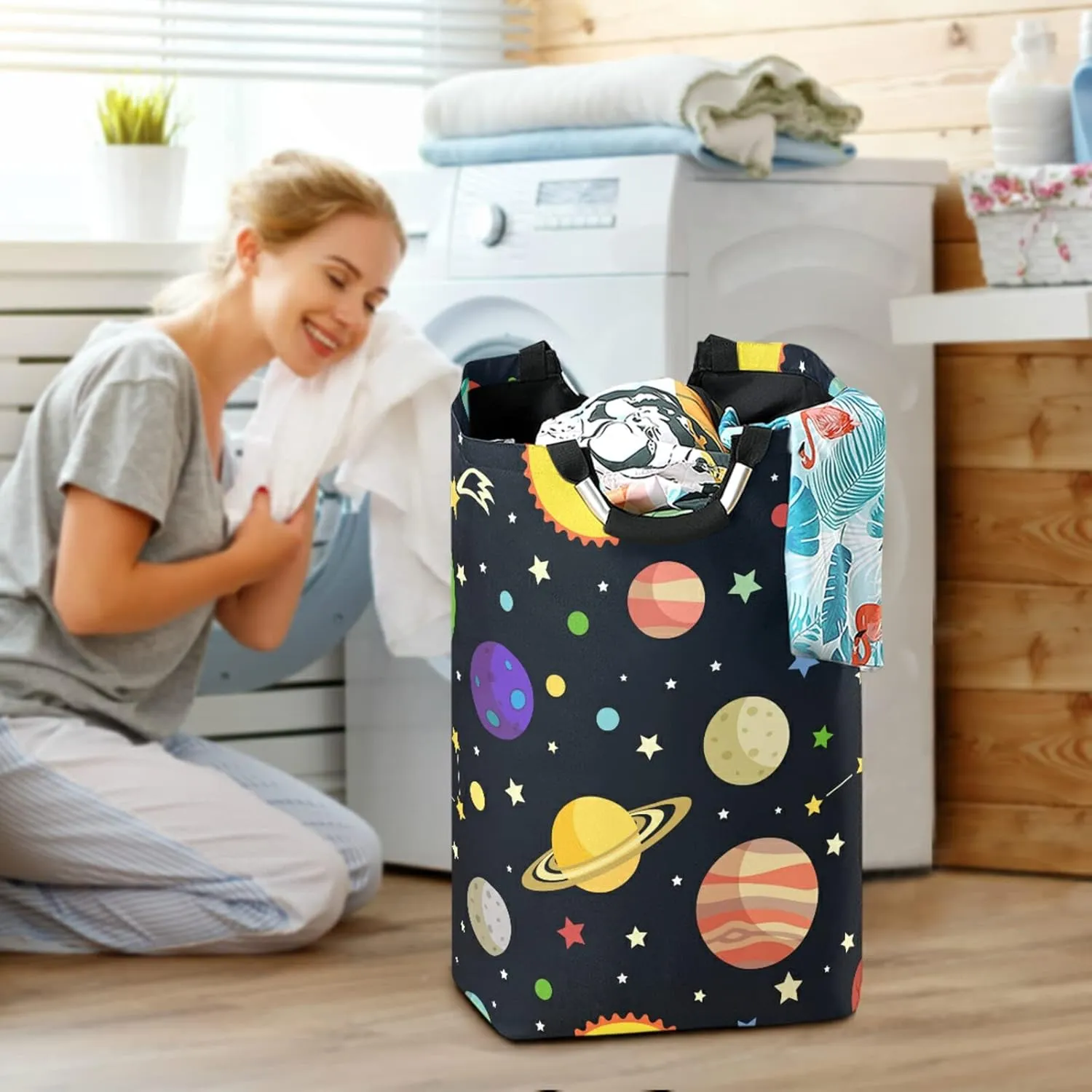 Oyihfvs Galaxy Space Seamless Colorful Planets Stars Comets on Black Laundry Hamper Basket Bucket, Foldable Dirty Clothes Bag, Waterproof Fabric Washing Bin, Toy Storage with Handles for Bathroom