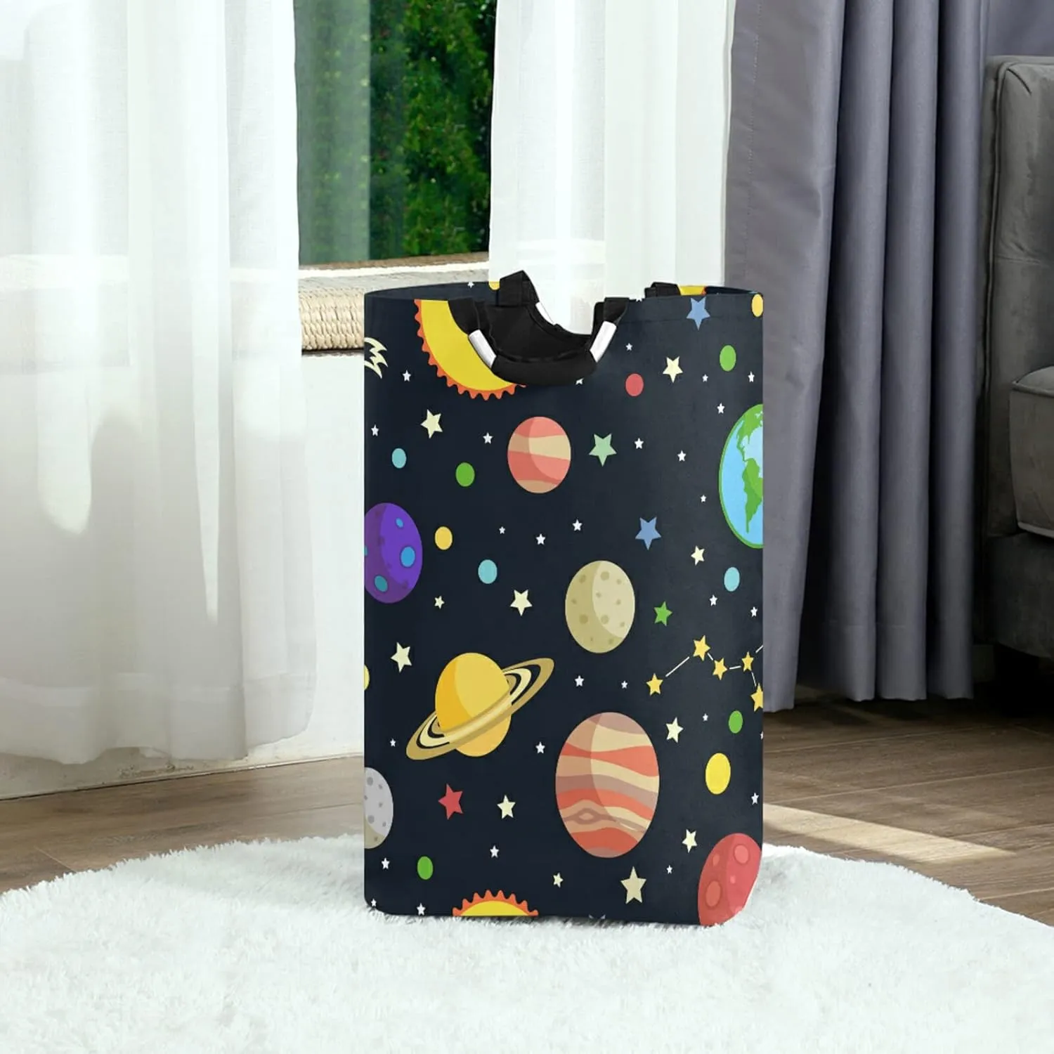 Oyihfvs Galaxy Space Seamless Colorful Planets Stars Comets on Black Laundry Hamper Basket Bucket, Foldable Dirty Clothes Bag, Waterproof Fabric Washing Bin, Toy Storage with Handles for Bathroom