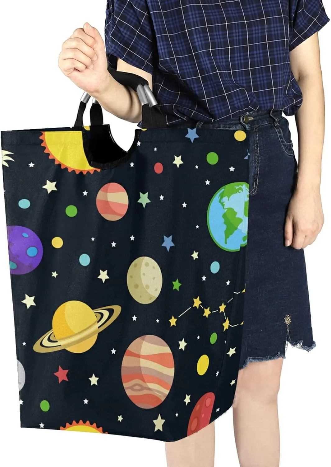 Oyihfvs Galaxy Space Seamless Colorful Planets Stars Comets on Black Laundry Hamper Basket Bucket, Foldable Dirty Clothes Bag, Waterproof Fabric Washing Bin, Toy Storage with Handles for Bathroom