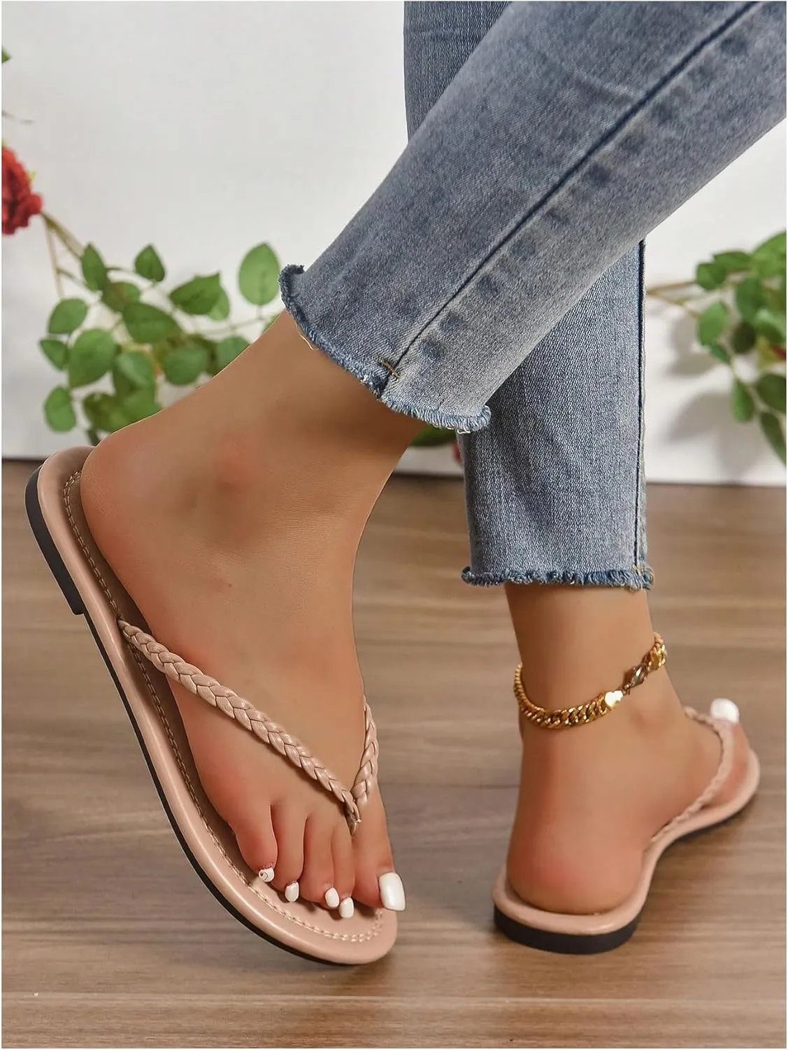 OYOANGLE Women's Braided Strap Flip Flop Thong Sandals Open Toe Slider Sandal Beach Vacation Shoes