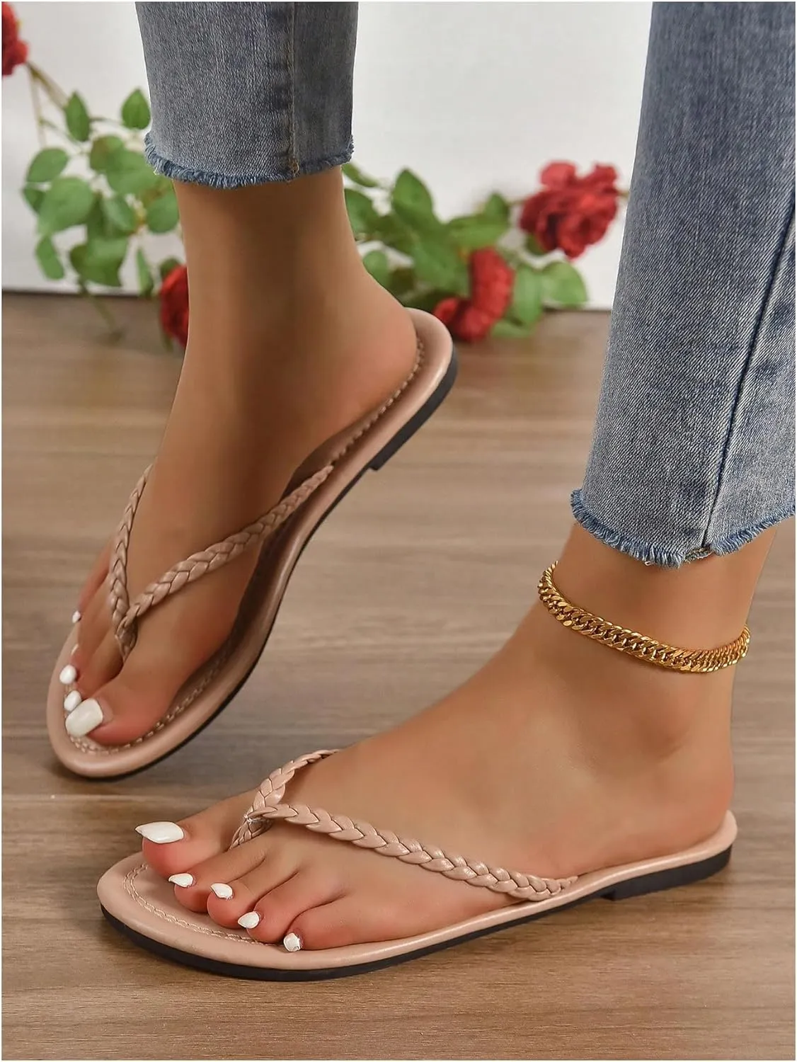 OYOANGLE Women's Braided Strap Flip Flop Thong Sandals Open Toe Slider Sandal Beach Vacation Shoes