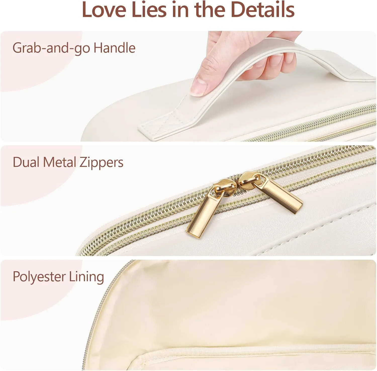 PACKISM Quilted Travel Makeup Bag - PU Leather Open Flat Cosmetic Bags for Women with Dividers, Stand-up Brush Holder, Waterproof Make Up Bag for Travel Bathroom, Cream (XL)