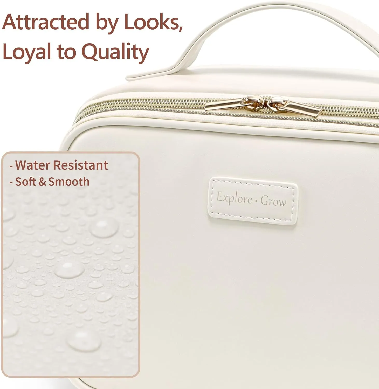 PACKISM Quilted Travel Makeup Bag - PU Leather Open Flat Cosmetic Bags for Women with Dividers, Stand-up Brush Holder, Waterproof Make Up Bag for Travel Bathroom, Cream (XL)