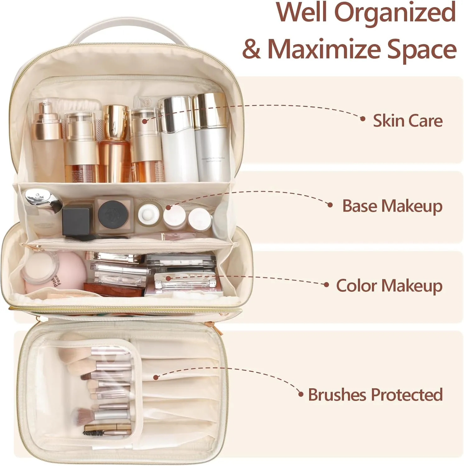 PACKISM Quilted Travel Makeup Bag - PU Leather Open Flat Cosmetic Bags for Women with Dividers, Stand-up Brush Holder, Waterproof Make Up Bag for Travel Bathroom, Cream (XL)