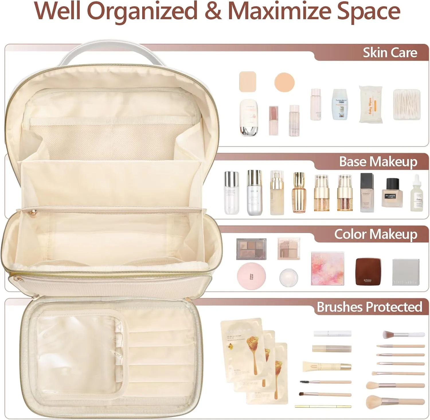 PACKISM Quilted Travel Makeup Bag - PU Leather Open Flat Cosmetic Bags for Women with Dividers, Stand-up Brush Holder, Waterproof Make Up Bag for Travel Bathroom, Cream (XL)