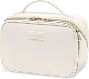 PACKISM Quilted Travel Makeup Bag - PU Leather Open Flat Cosmetic Bags for Women with Dividers, Stand-up Brush Holder, Waterproof Make Up Bag for Travel Bathroom, Cream (XL)