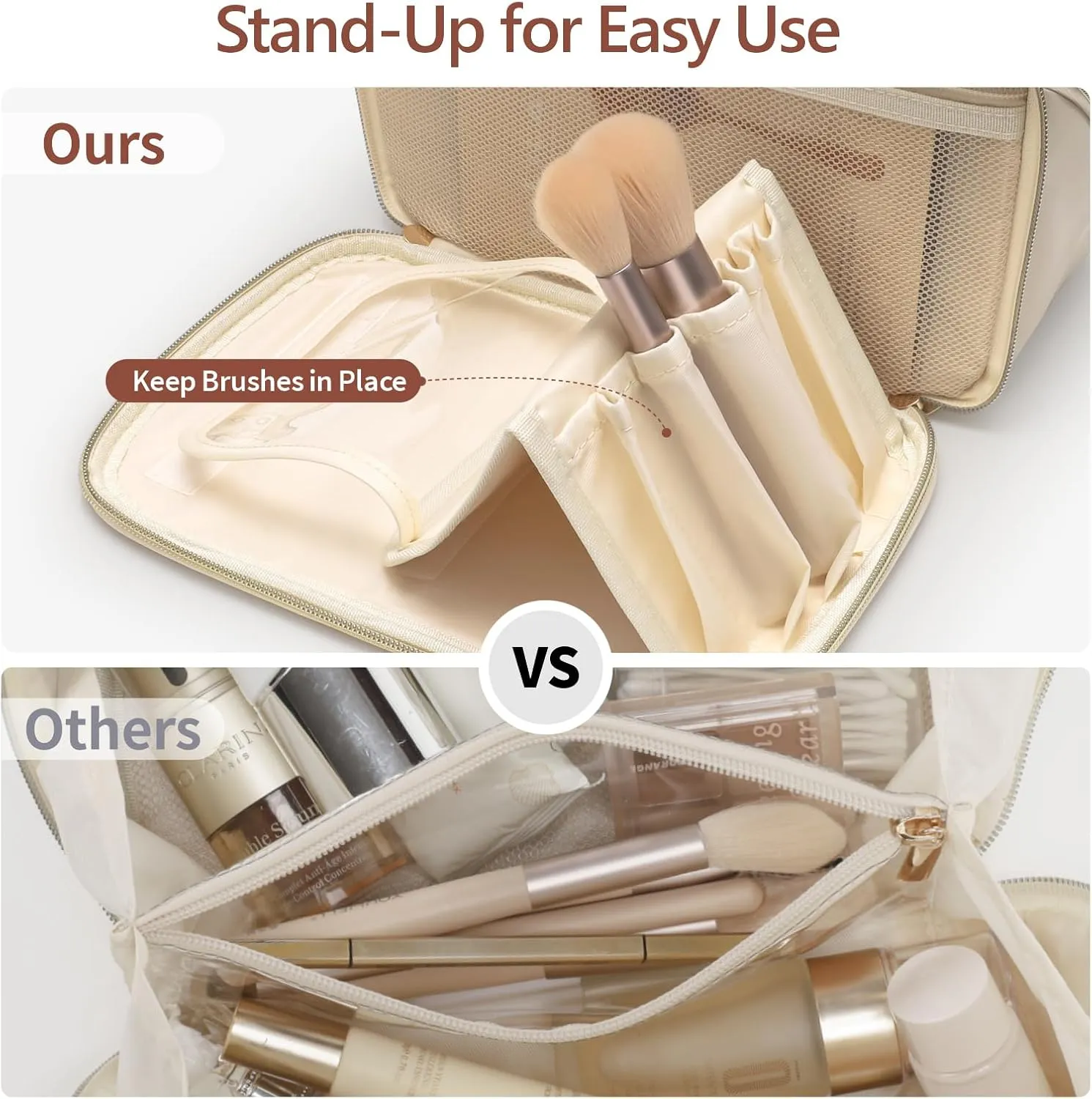 PACKISM Quilted Travel Makeup Bag - PU Leather Open Flat Cosmetic Bags for Women with Dividers, Stand-up Brush Holder, Waterproof Make Up Bag for Travel Bathroom, Cream (XL)