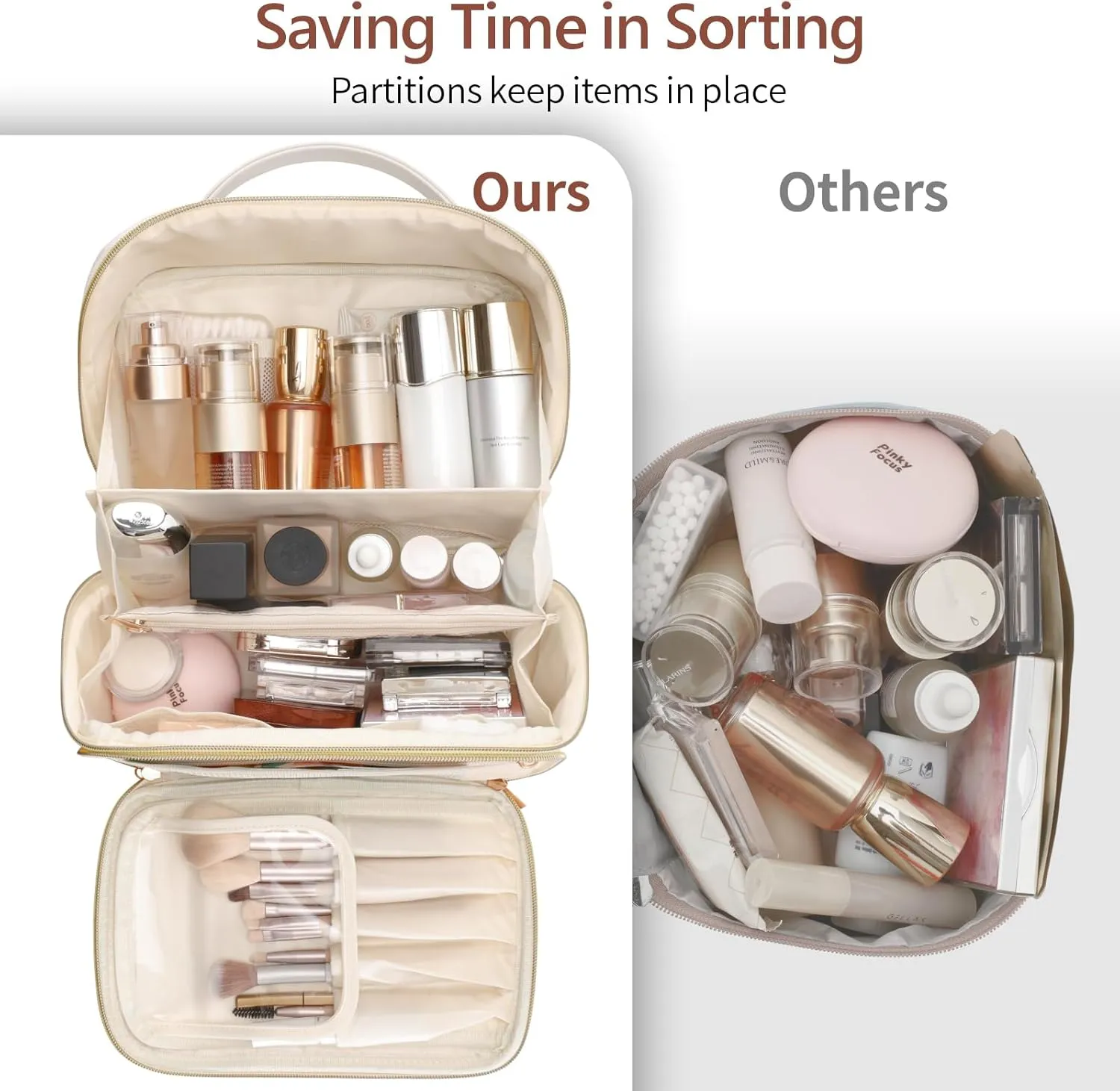 PACKISM Quilted Travel Makeup Bag - PU Leather Open Flat Cosmetic Bags for Women with Dividers, Stand-up Brush Holder, Waterproof Make Up Bag for Travel Bathroom, Cream (XL)