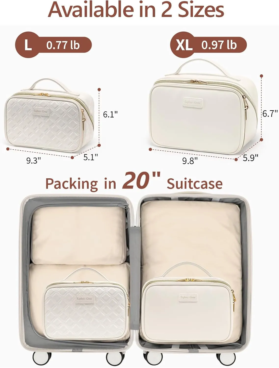 PACKISM Quilted Travel Makeup Bag - PU Leather Open Flat Cosmetic Bags for Women with Dividers, Stand-up Brush Holder, Waterproof Make Up Bag for Travel Bathroom, Cream (XL)