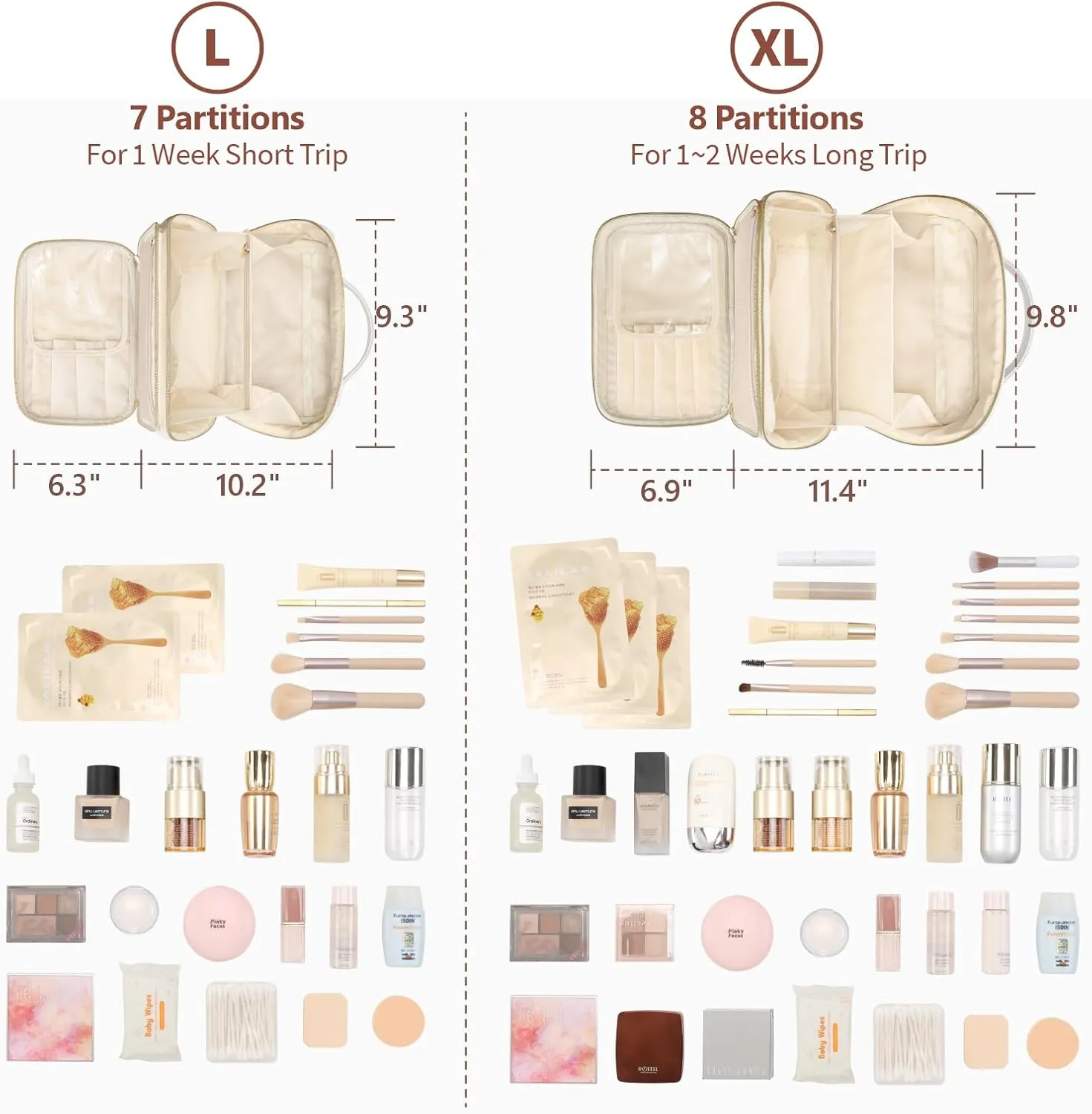 PACKISM Quilted Travel Makeup Bag - PU Leather Open Flat Cosmetic Bags for Women with Dividers, Stand-up Brush Holder, Waterproof Make Up Bag for Travel Bathroom, Cream (XL)