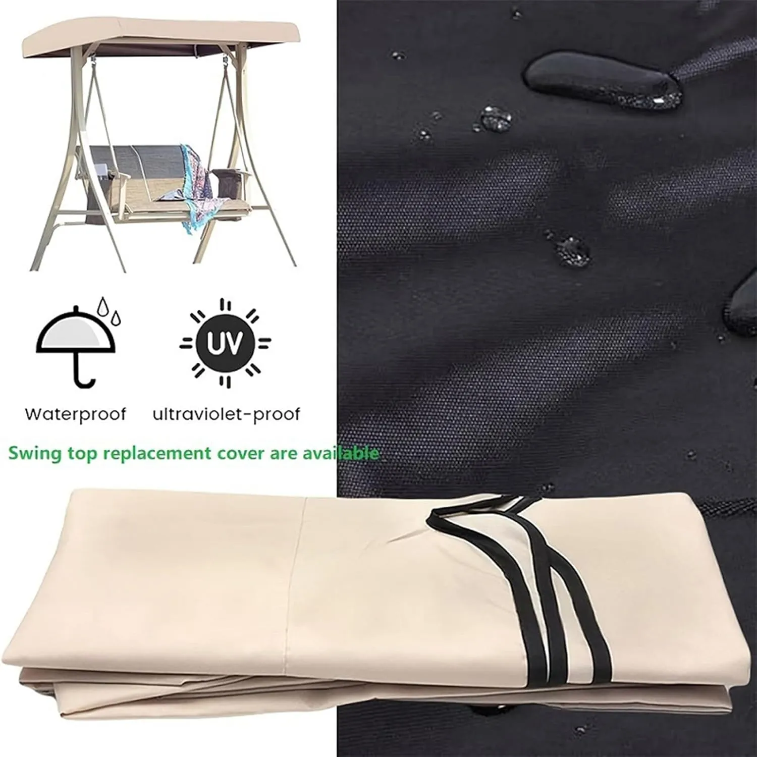 Patio Swing Top Cover, Replacement Canopy for Swing Seat 3 Seater Garden Hammock Cover, Waterproof Swing Chair Top Cover Roof Sun,Black,191x120x18/23cm