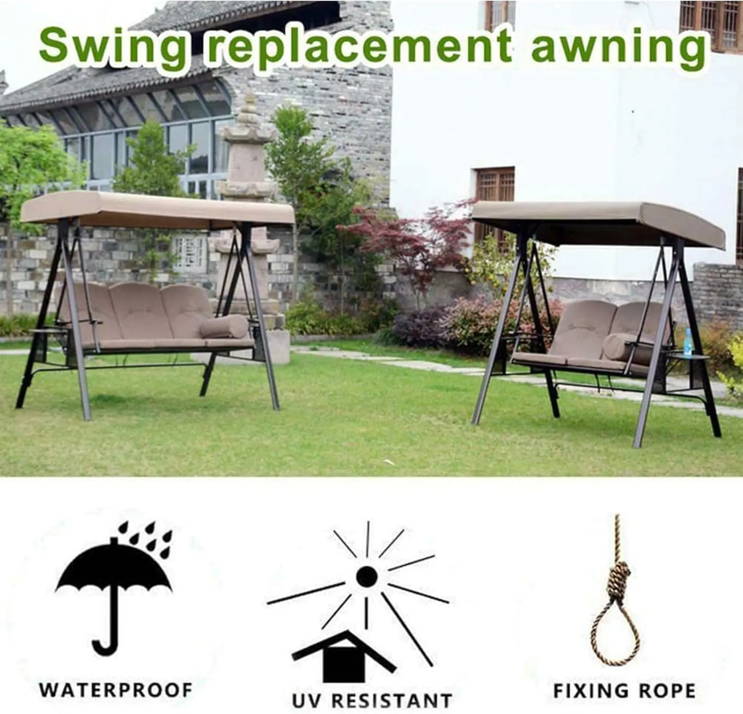 Patio Swing Top Cover, Replacement Canopy for Swing Seat 3 Seater Garden Hammock Cover, Waterproof Swing Chair Top Cover Roof Sun,Black,191x120x18/23cm