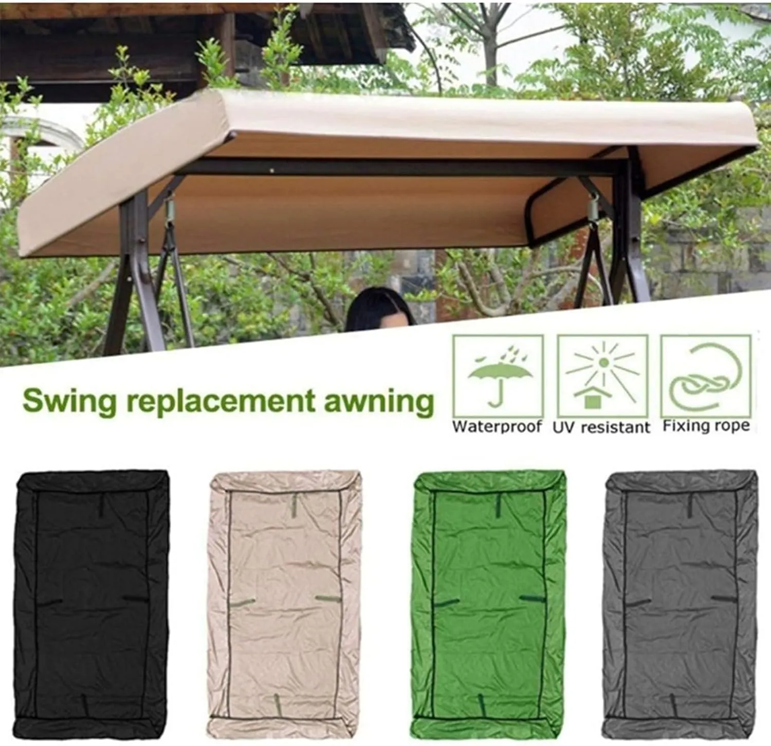 Patio Swing Top Cover, Replacement Canopy for Swing Seat 3 Seater Garden Hammock Cover, Waterproof Swing Chair Top Cover Roof Sun,Black,191x120x18/23cm