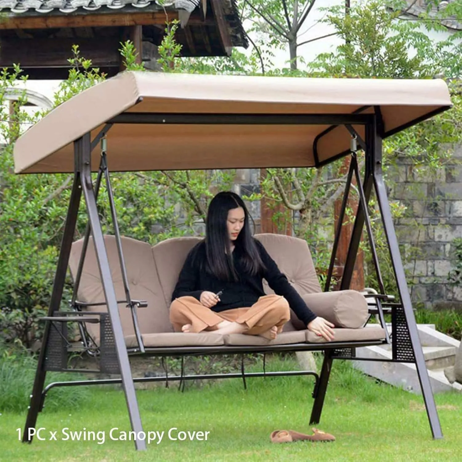 Patio Swing Top Cover, Replacement Canopy for Swing Seat 3 Seater Garden Hammock Cover, Waterproof Swing Chair Top Cover Roof Sun,Black,191x120x18/23cm