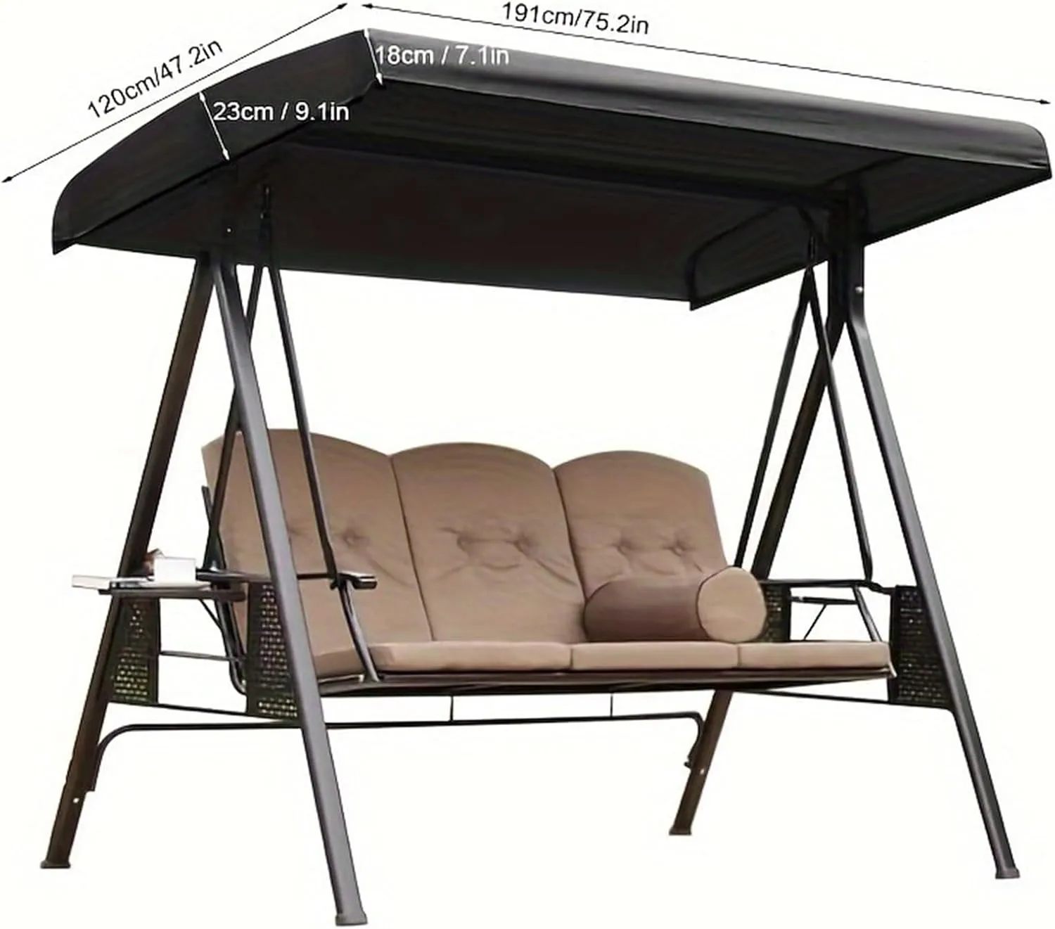 Patio Swing Top Cover, Replacement Canopy for Swing Seat 3 Seater Garden Hammock Cover, Waterproof Swing Chair Top Cover Roof Sun,Black,191x120x18/23cm