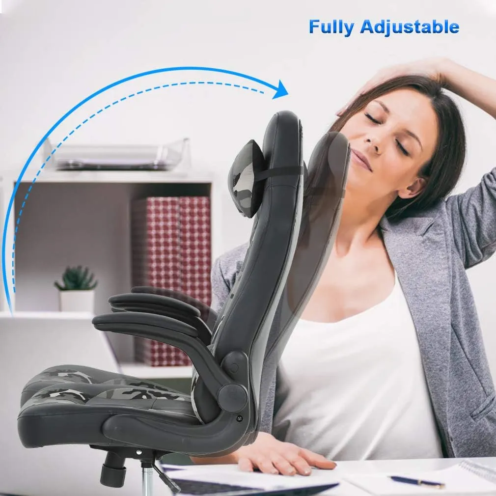 PC Gaming Chair Ergonomic Office Chair Cheap Desk Chair PU Leather Racing Chair Executive Swivel Rolling Computer Chair with Lumbar Support Flip Up Arms Headrest for Adults,Camo