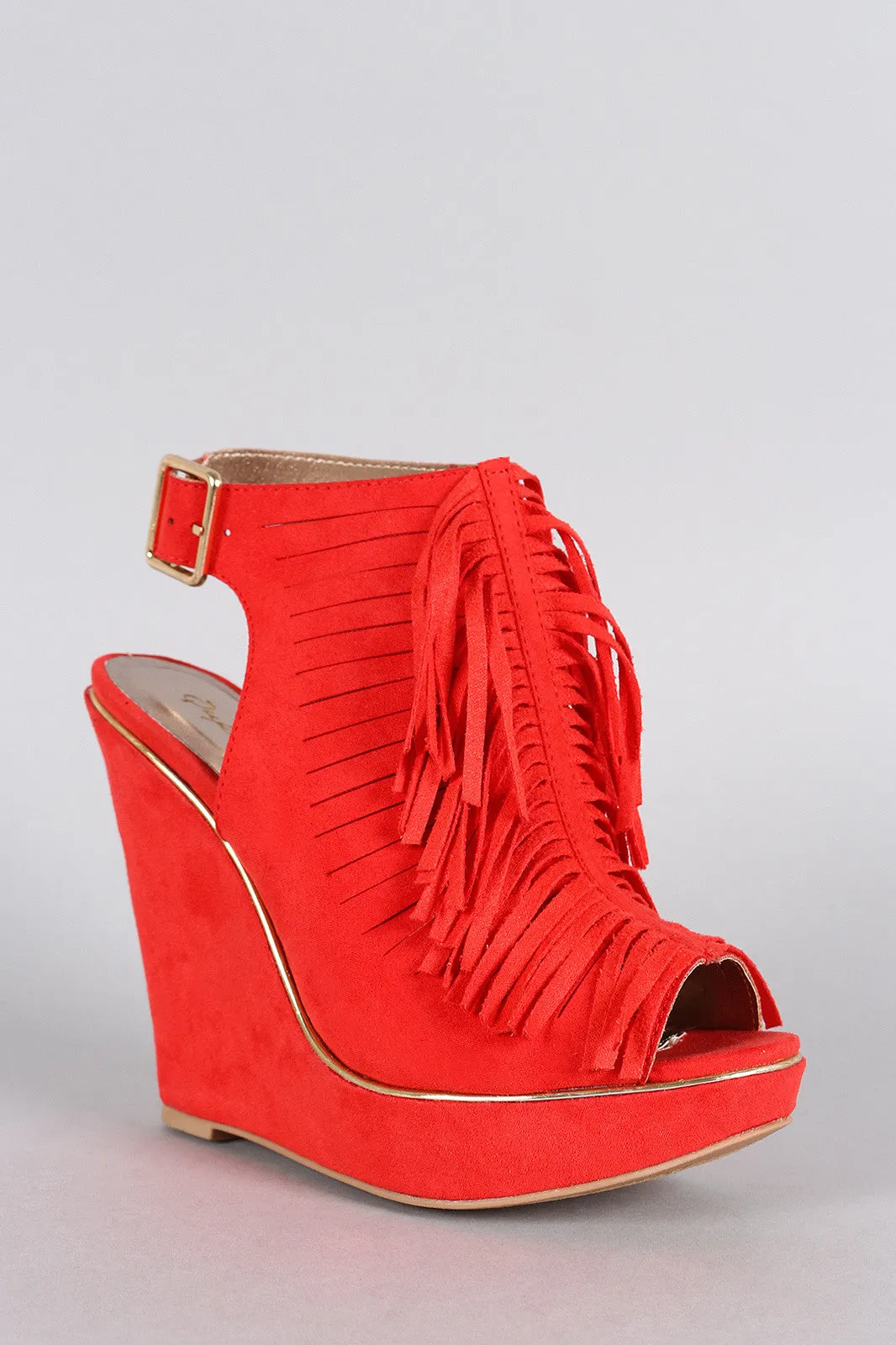 Peep Slit International delivery Slingback Tailored selection Qupid Wedge Toe Fringe Mule Suede