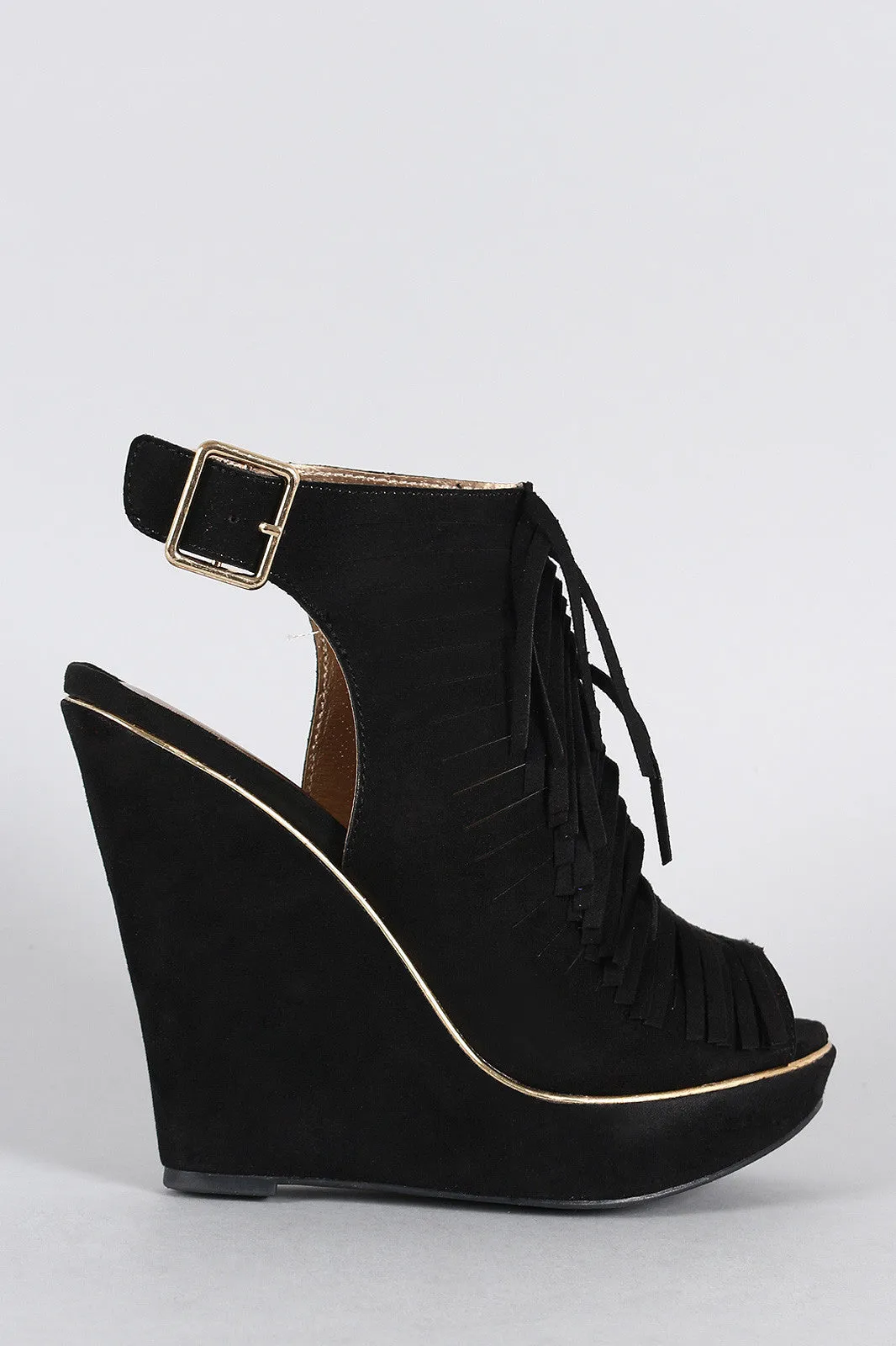 Peep Slit International delivery Slingback Tailored selection Qupid Wedge Toe Fringe Mule Suede