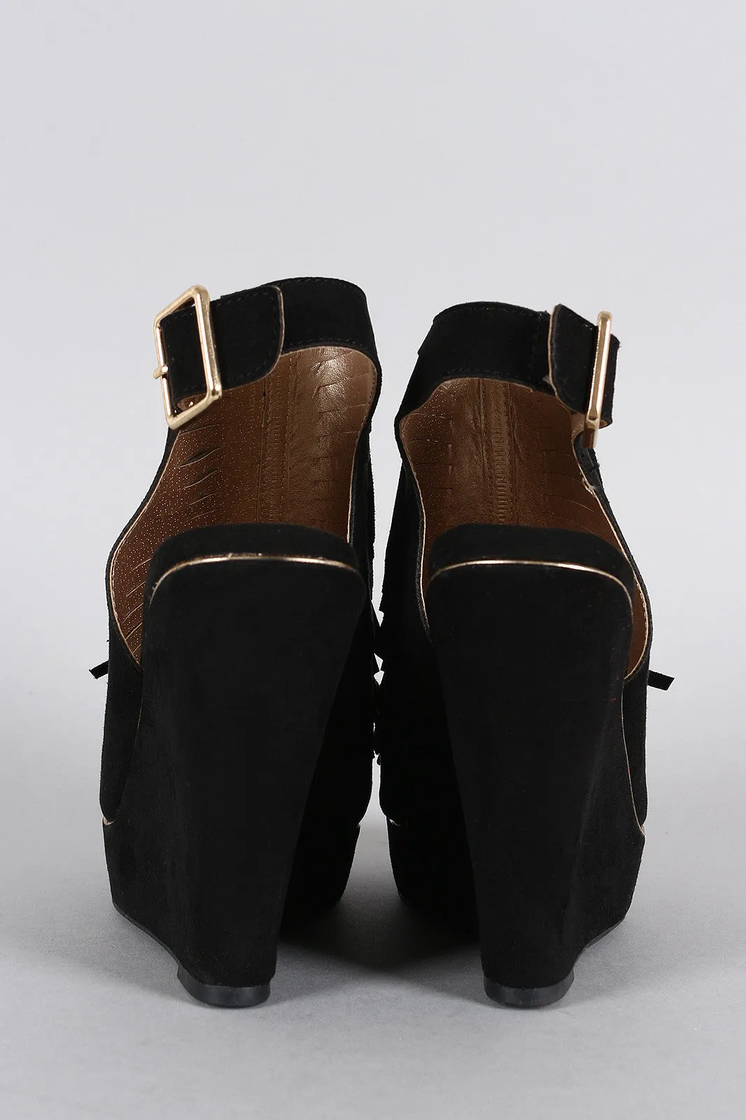 Peep Slit International delivery Slingback Tailored selection Qupid Wedge Toe Fringe Mule Suede