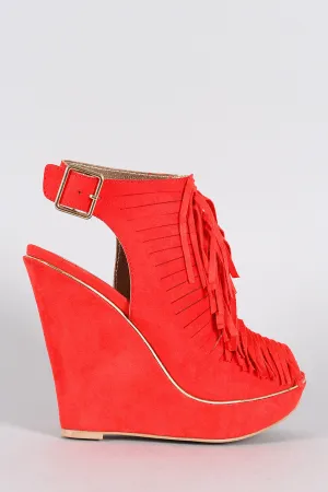 Peep Slit International delivery Slingback Tailored selection Qupid Wedge Toe Fringe Mule Suede
