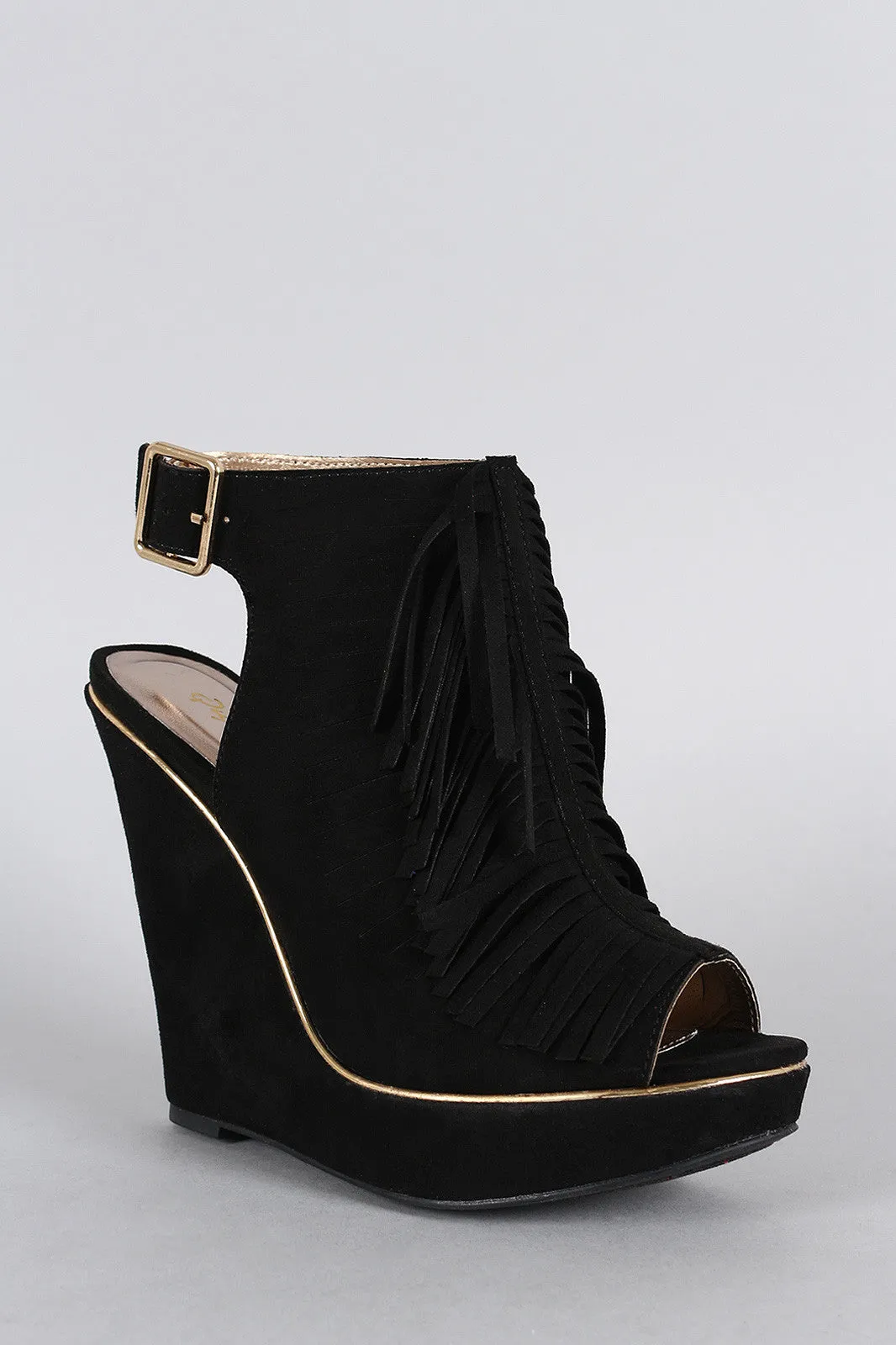 Peep Slit International delivery Slingback Tailored selection Qupid Wedge Toe Fringe Mule Suede