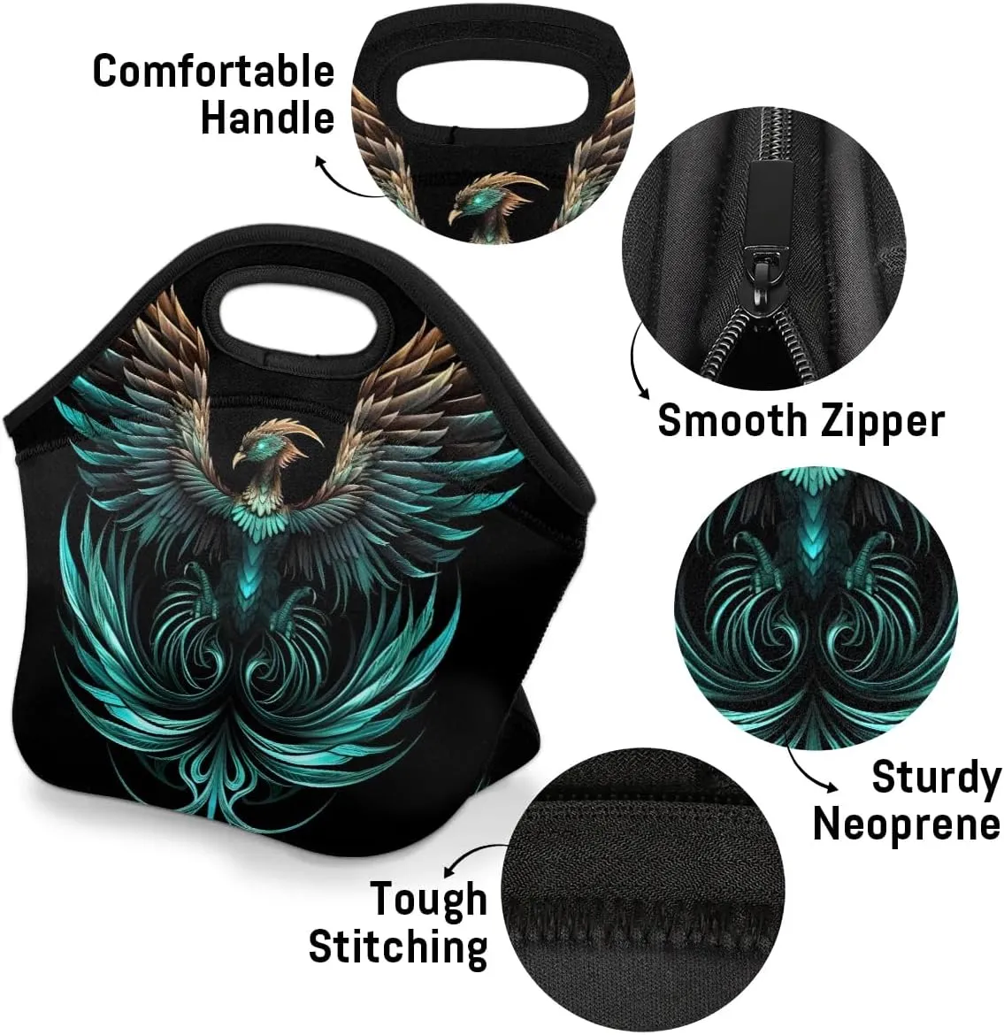 Phoenix Neoprene Lunch Bag Waterproof Tote Bag Lunch Sack with Zipper Lunch Box Tote for Picnic Mom Food Handbag Holiday Gifts Reusable Lunch Tote Bag Lightweight