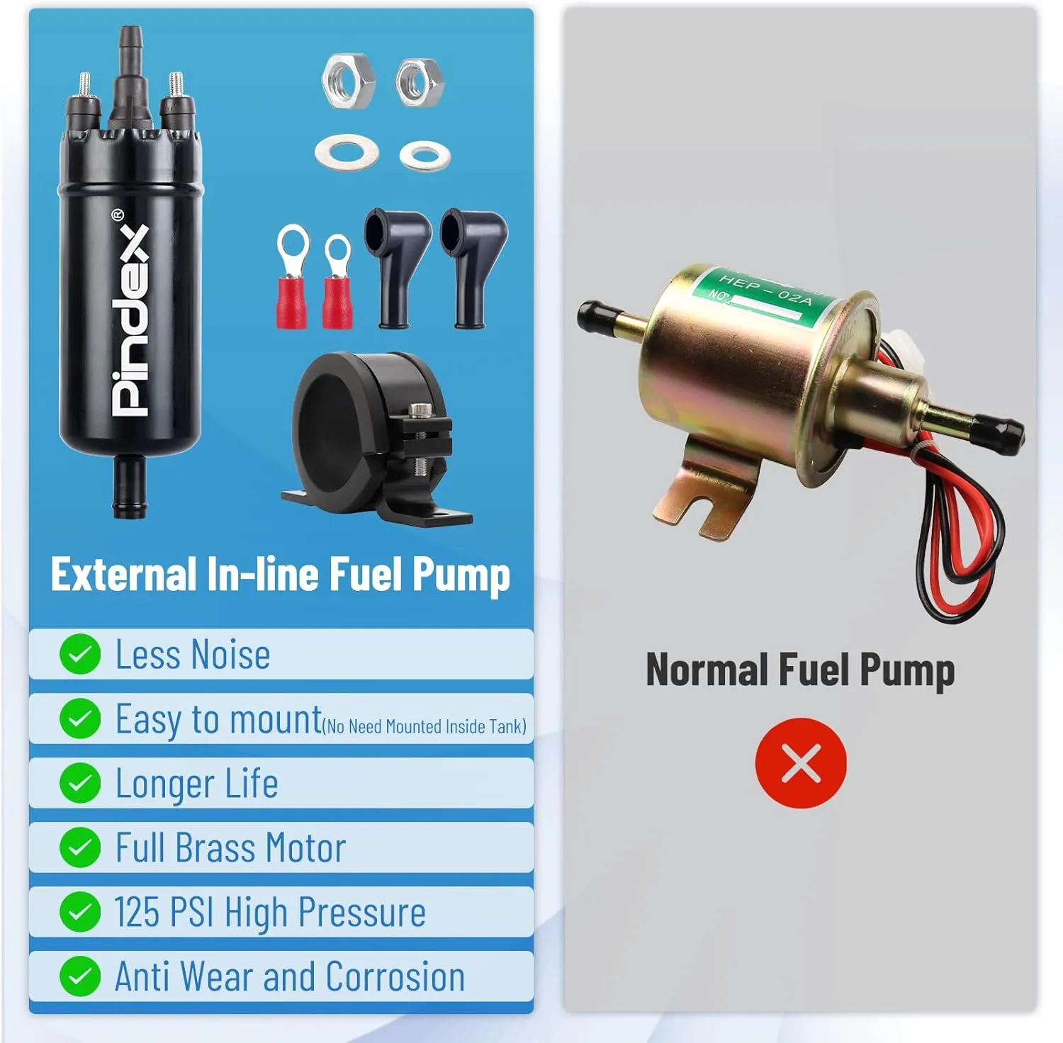 Pindex Universal External In Line Fuel Pump,116 PSI High Pressure 12V Electric Pump Injection Systems Compatible with 0580464070 0580453911 0580463017 0580464023,Black