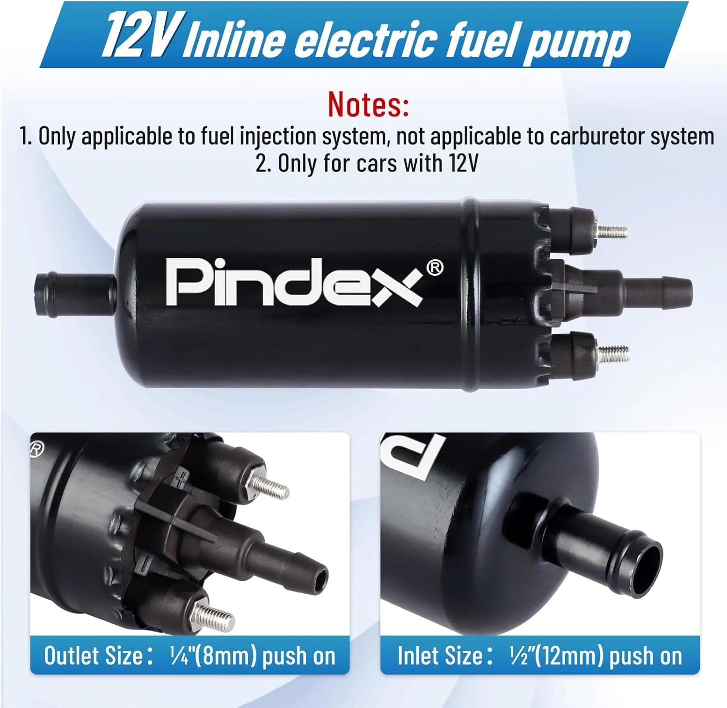 Pindex Universal External In Line Fuel Pump,116 PSI High Pressure 12V Electric Pump Injection Systems Compatible with 0580464070 0580453911 0580463017 0580464023,Black