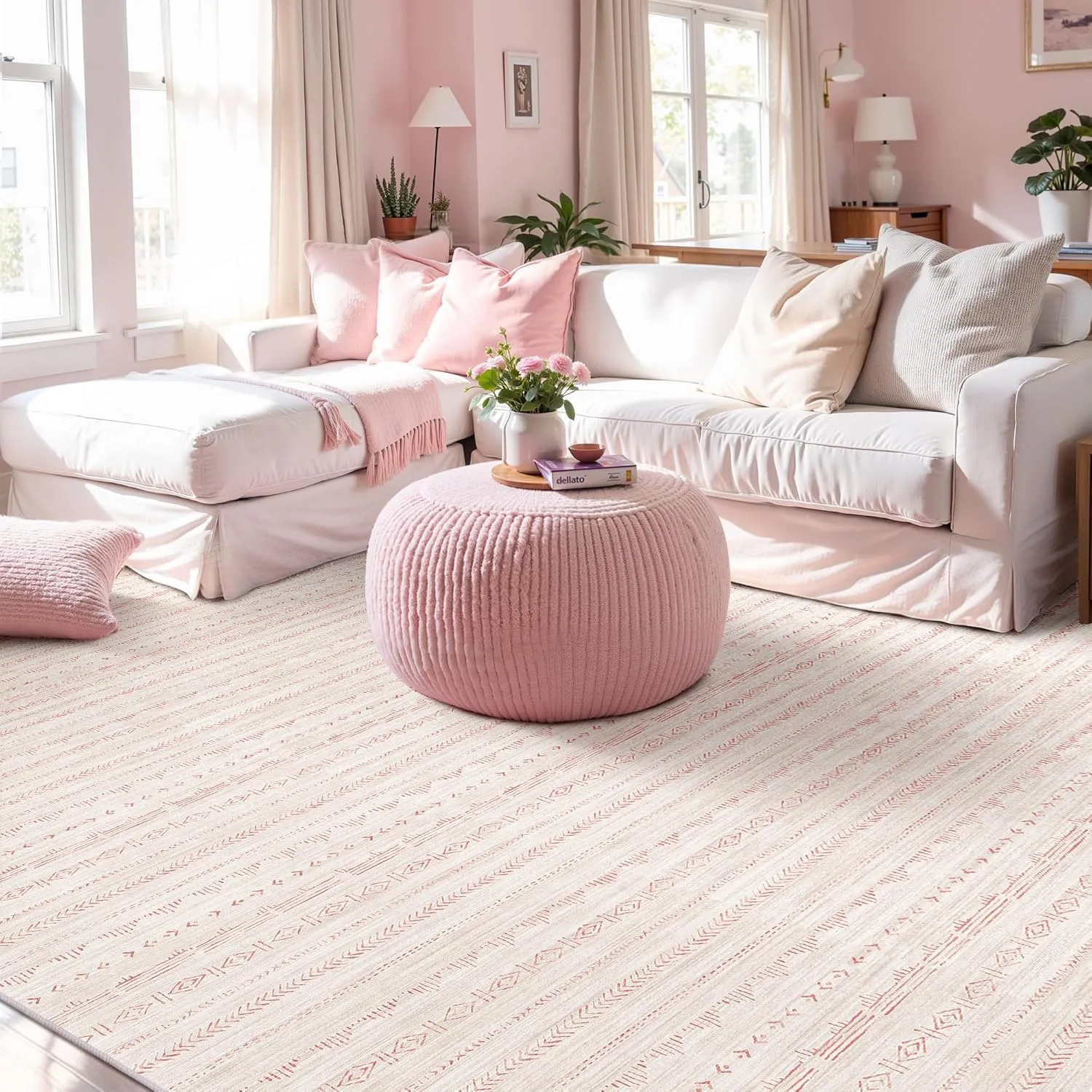 Pink 5x7 Area Rugs for Living Room Nursery, Washable Rugs Moroccan Boho Farmhouse Rug with Non-Slip Backing, Soft Low Pile Indoor Floor Carpet Neutral Rug for Bedroom Dining Room