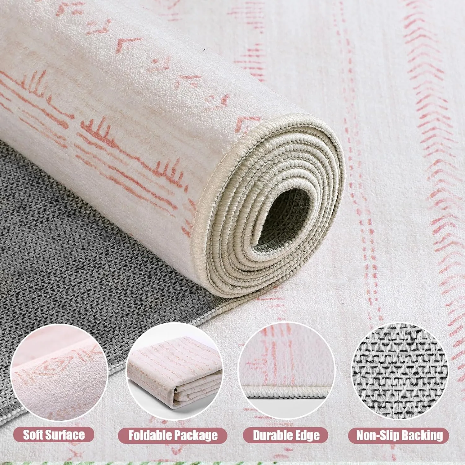 Pink 5x7 Area Rugs for Living Room Nursery, Washable Rugs Moroccan Boho Farmhouse Rug with Non-Slip Backing, Soft Low Pile Indoor Floor Carpet Neutral Rug for Bedroom Dining Room