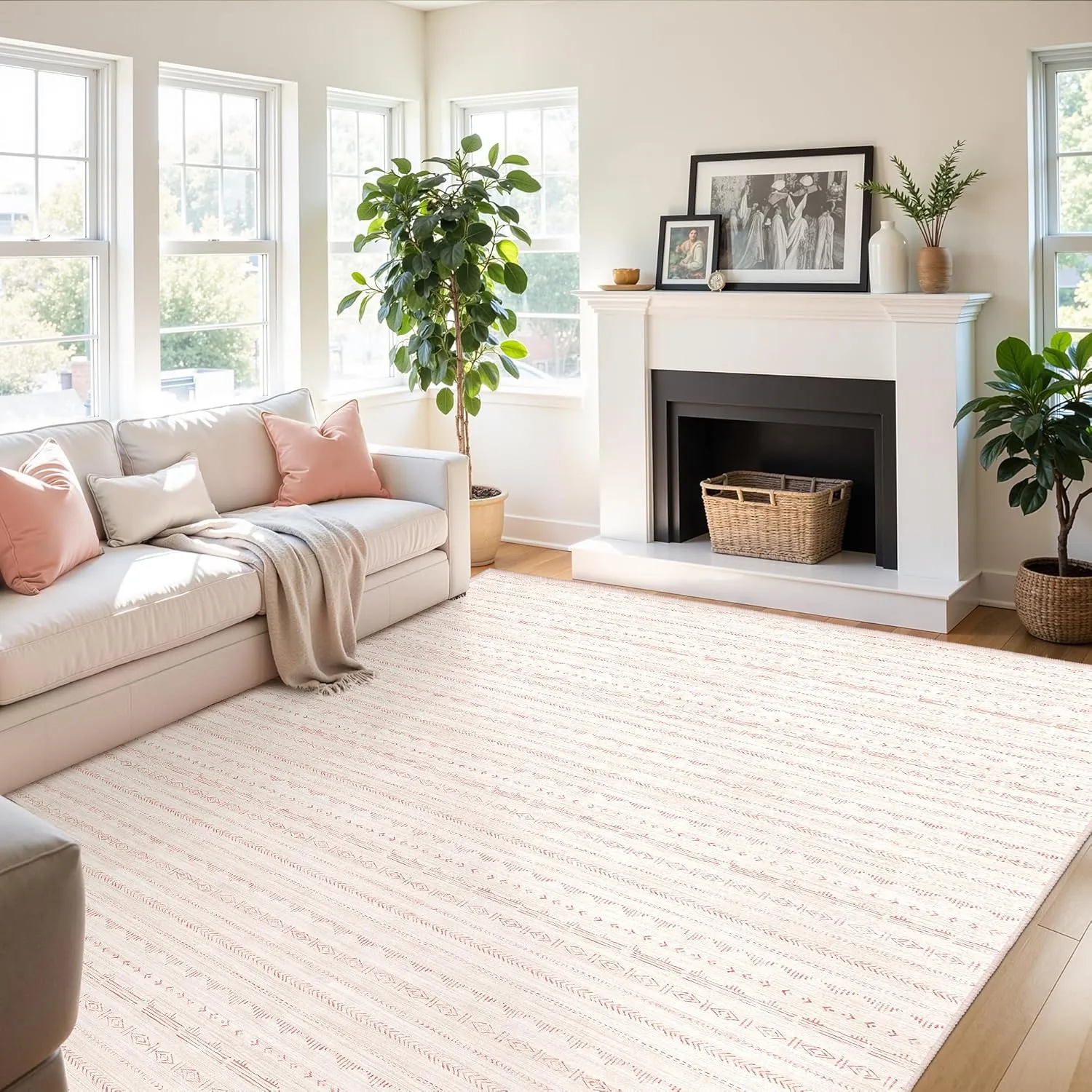 Pink 5x7 Area Rugs for Living Room Nursery, Washable Rugs Moroccan Boho Farmhouse Rug with Non-Slip Backing, Soft Low Pile Indoor Floor Carpet Neutral Rug for Bedroom Dining Room