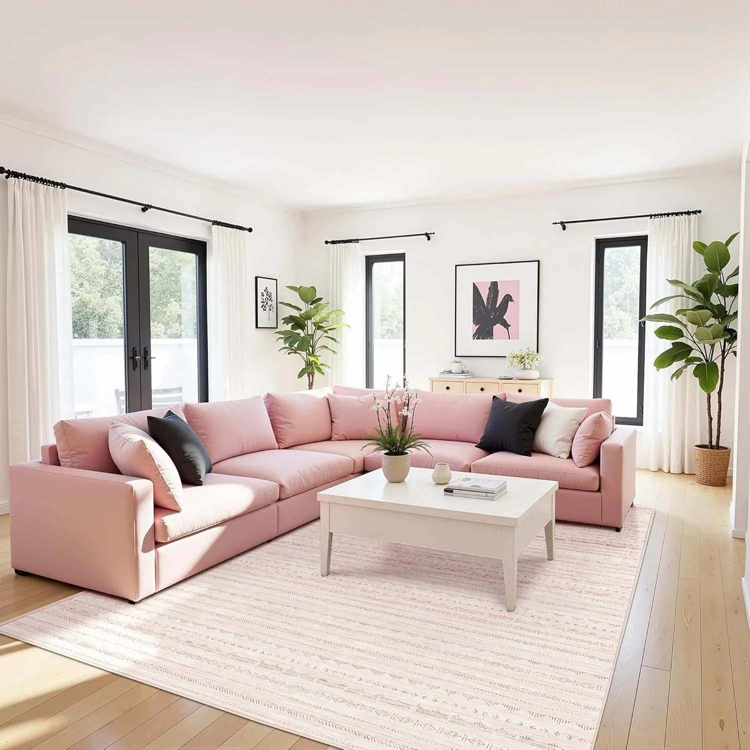 Pink 5x7 Area Rugs for Living Room Nursery, Washable Rugs Moroccan Boho Farmhouse Rug with Non-Slip Backing, Soft Low Pile Indoor Floor Carpet Neutral Rug for Bedroom Dining Room