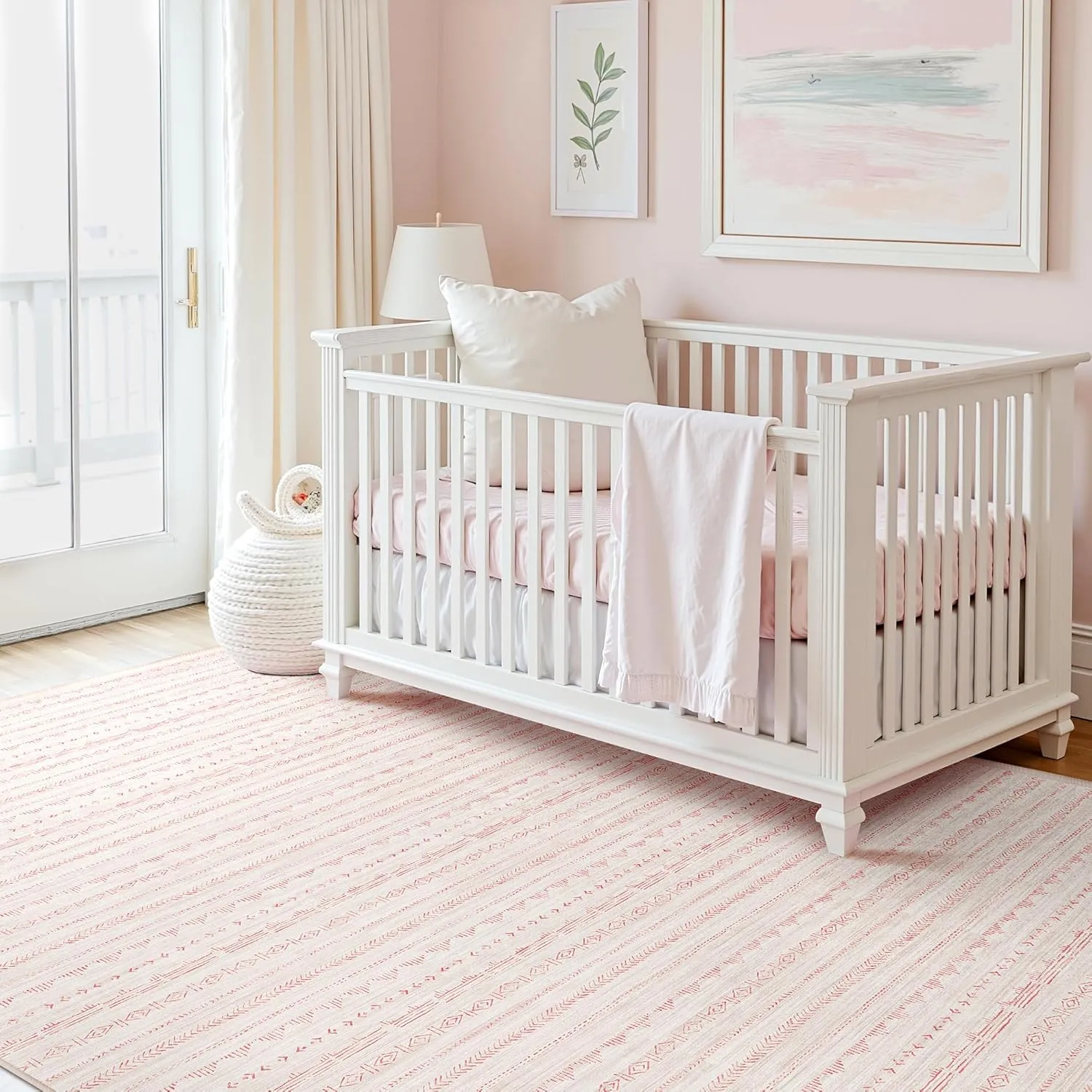 Pink 5x7 Area Rugs for Living Room Nursery, Washable Rugs Moroccan Boho Farmhouse Rug with Non-Slip Backing, Soft Low Pile Indoor Floor Carpet Neutral Rug for Bedroom Dining Room