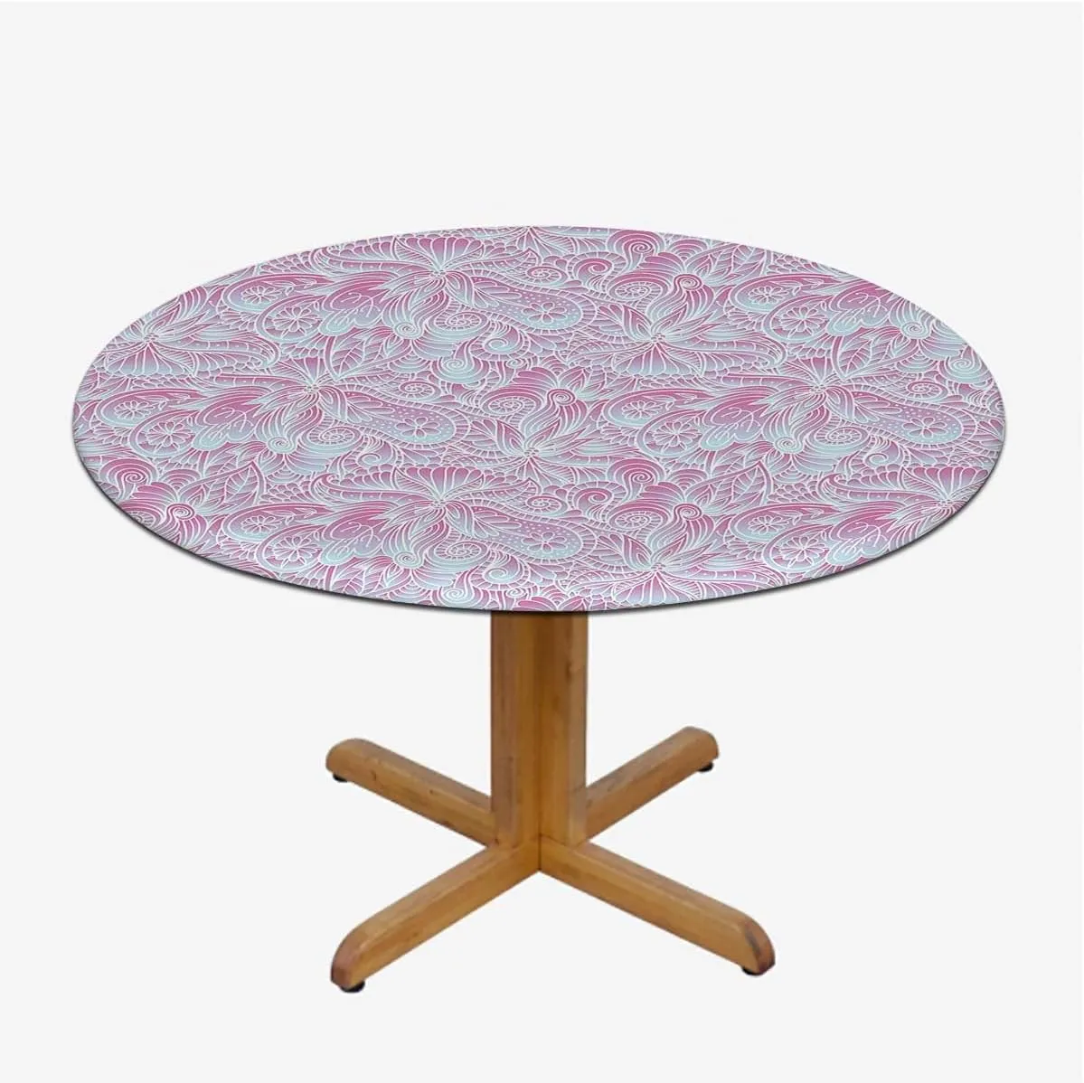 Pink and White Tablecloth Overlay for Round Romantic Floral Design Blossoms Leaves Elastic Edge Waterproof Table Cover Table Cloth for Round Table Flowers Fit for 36"-39" Table