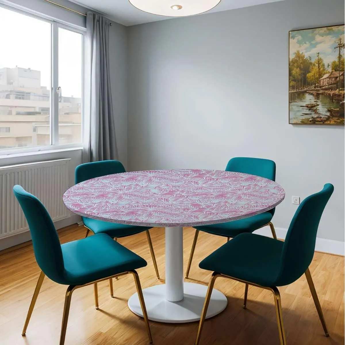 Pink and White Tablecloth Overlay for Round Romantic Floral Design Blossoms Leaves Elastic Edge Waterproof Table Cover Table Cloth for Round Table Flowers Fit for 36"-39" Table