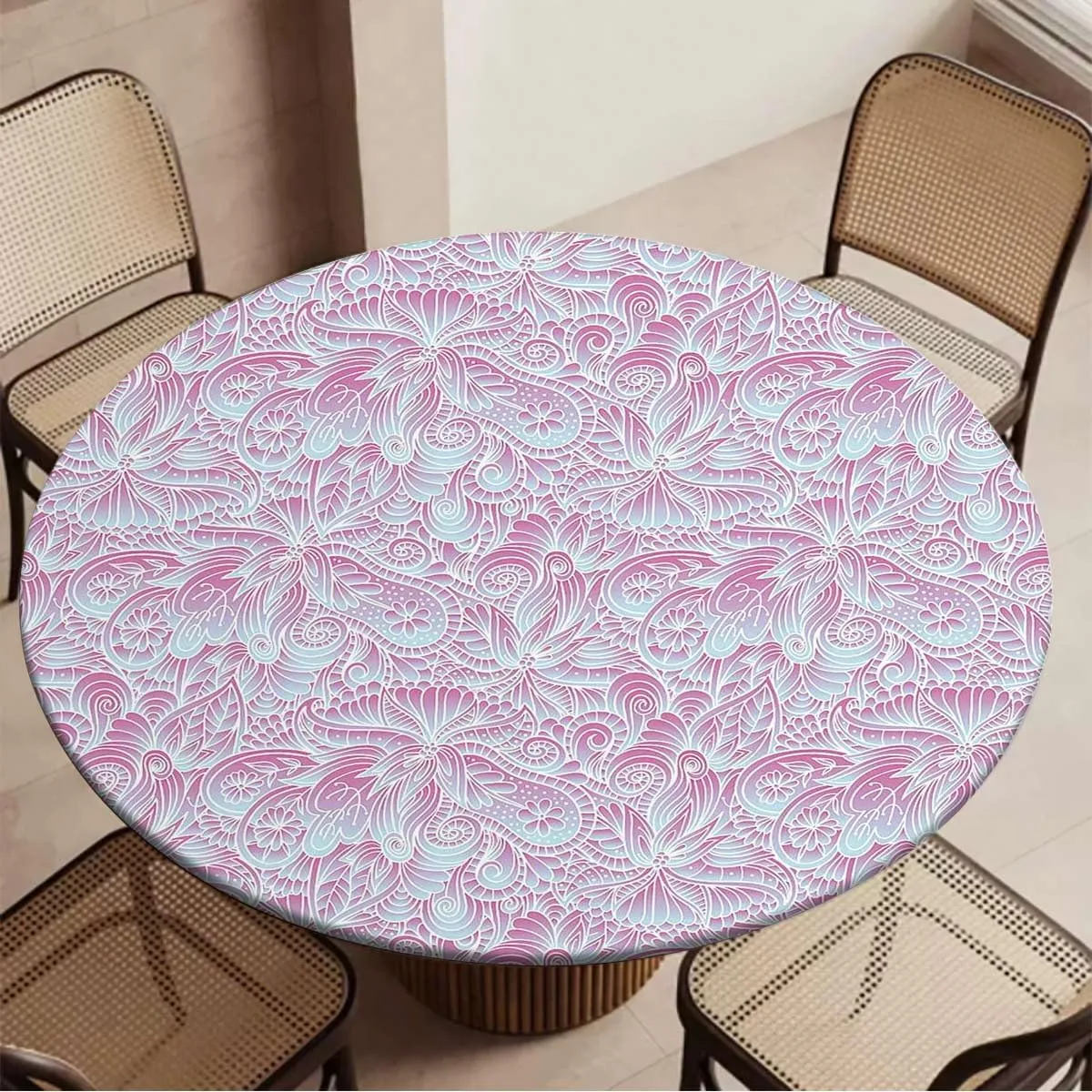 Pink and White Tablecloth Overlay for Round Romantic Floral Design Blossoms Leaves Elastic Edge Waterproof Table Cover Table Cloth for Round Table Flowers Fit for 36"-39" Table