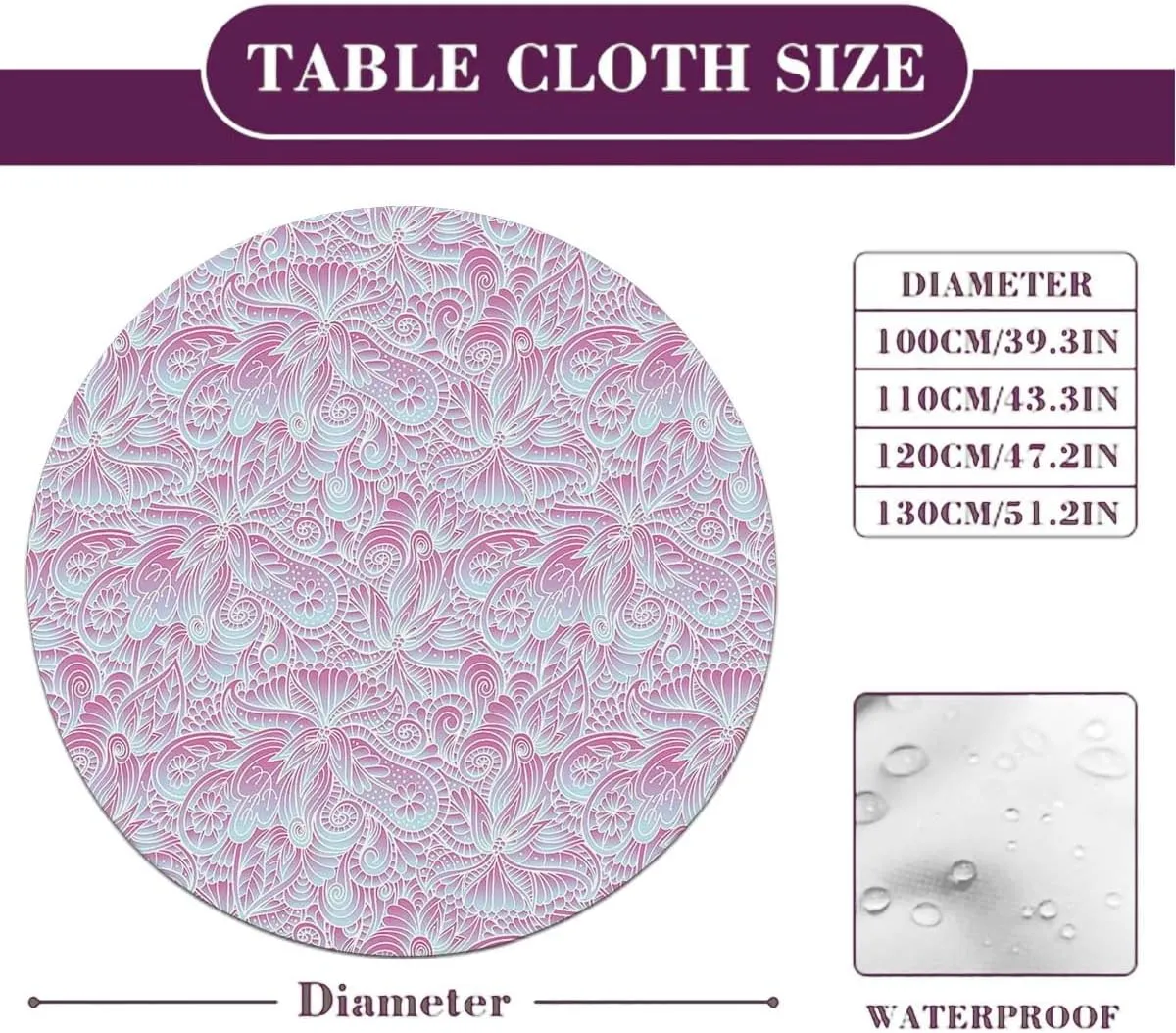 Pink and White Tablecloth Overlay for Round Romantic Floral Design Blossoms Leaves Elastic Edge Waterproof Table Cover Table Cloth for Round Table Flowers Fit for 36"-39" Table