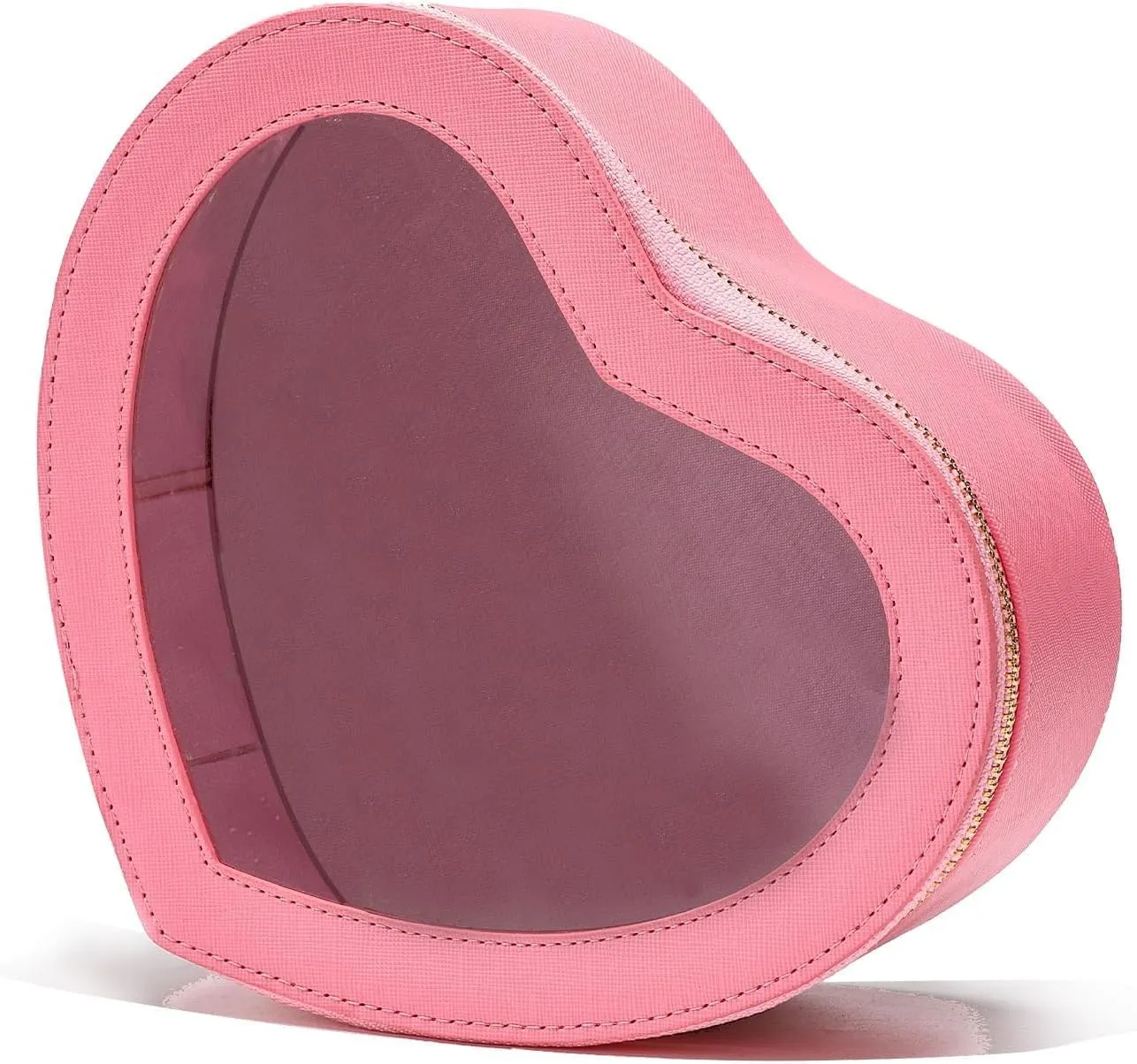 Pink Heart Makeup Bag-Heart Shaped Valentine Day Gift for Her,Pink Clear Top Open Cosmetic Organizer, Large Waterproof Travel Makeup Bag for Girls Women