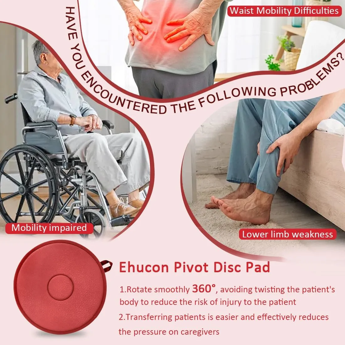 Pivot Disc and Patient Transfer Board-Turning Devices for Elderly and Disabled,Pregnant Woman,Slide Boards Aid,Swivel Cushion 360 Degree Rotating Seat Cushion for Direction Change 15.7"Dia (Red)