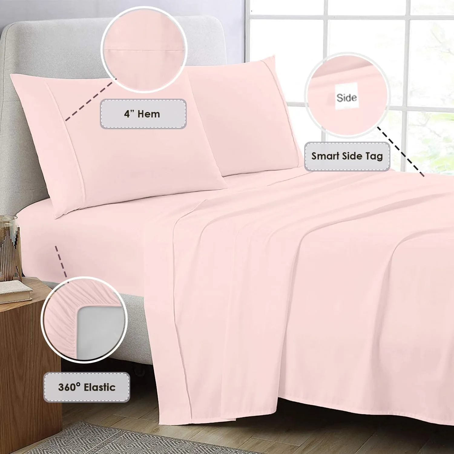Pizuna Pure 100% Cotton Sheets King Size, 800 Thread Count Long Staple Cotton Crisp Sateen Sheets King with 15inch Deep Pocket (Combed Light Pink Cotton Sheets King)