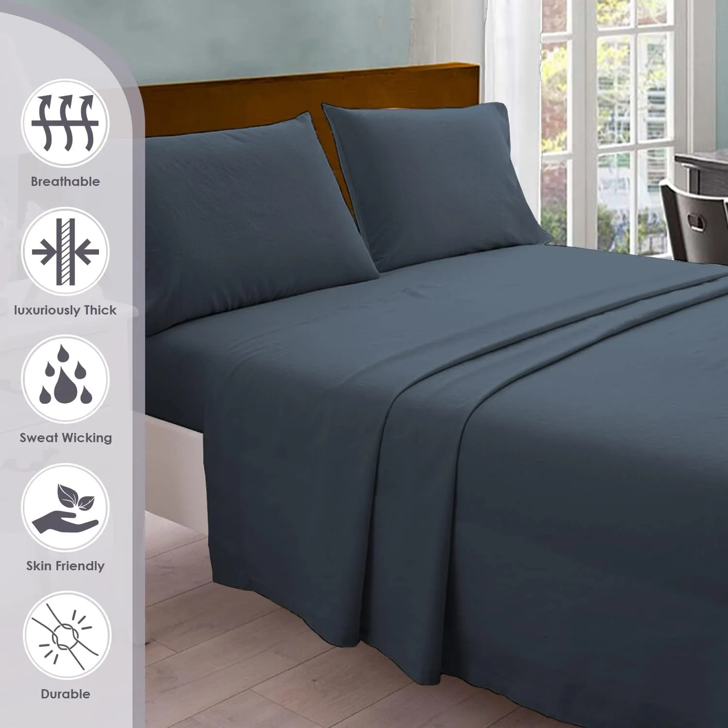 Pizuna Pure 100% Cotton Sheets Queen Size, 800 Thread Count Long Staple Cotton Crisp Sateen Sheets Queen with 15inch Deep Pocket (Combed dark blue Cotton Sheets Queen)