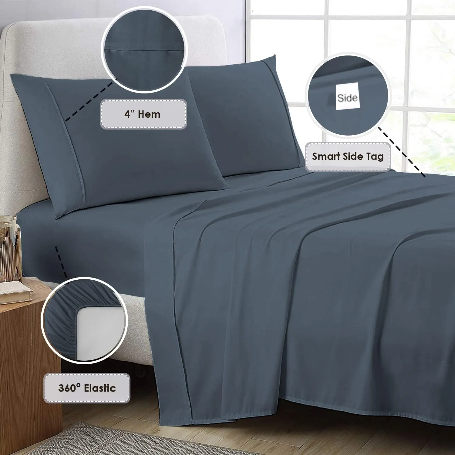 Pizuna Pure 100% Cotton Sheets Queen Size, 800 Thread Count Long Staple Cotton Crisp Sateen Sheets Queen with 15inch Deep Pocket (Combed dark blue Cotton Sheets Queen)