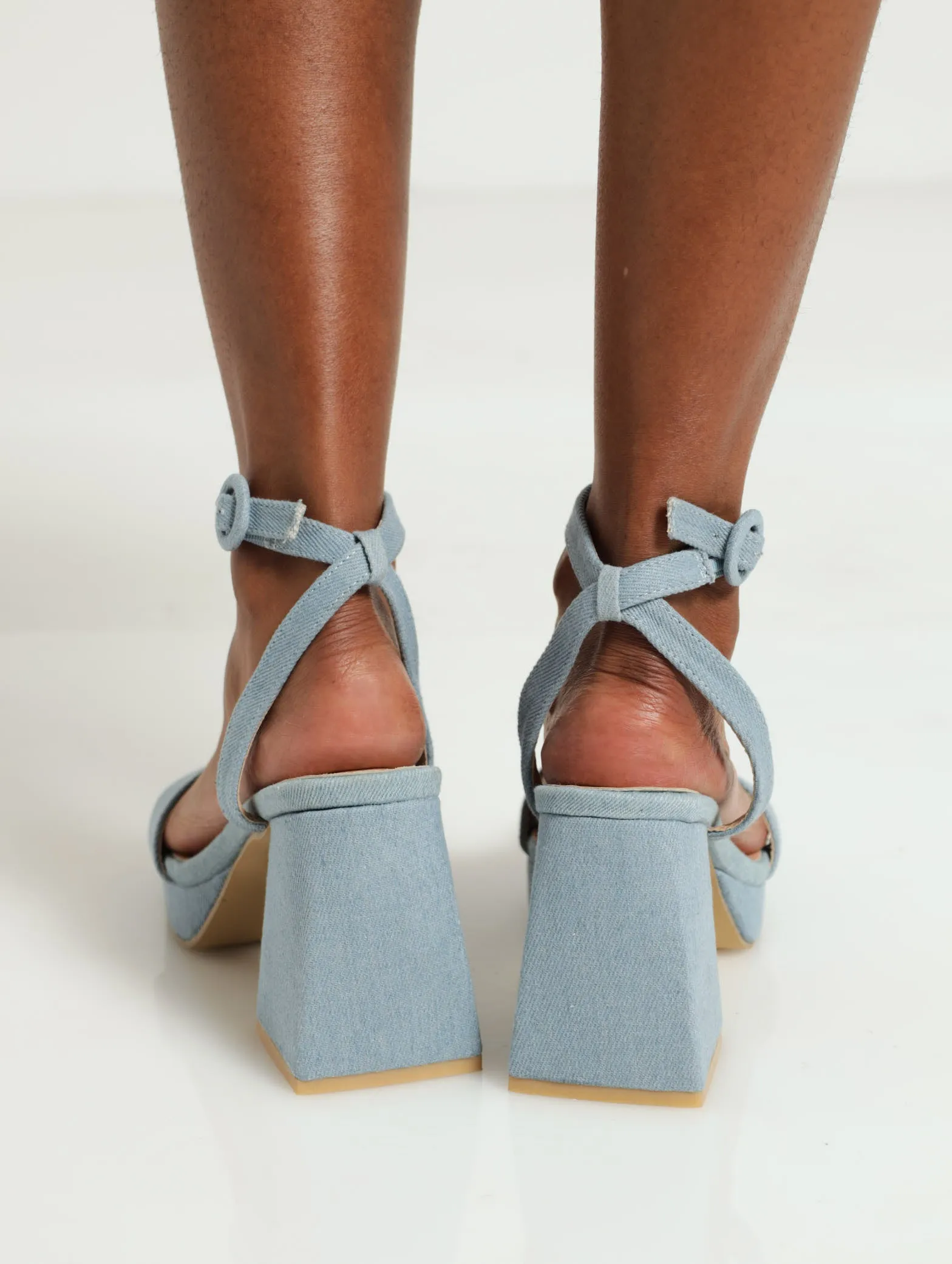 Platform Block Denim Mule With Ankle Strap