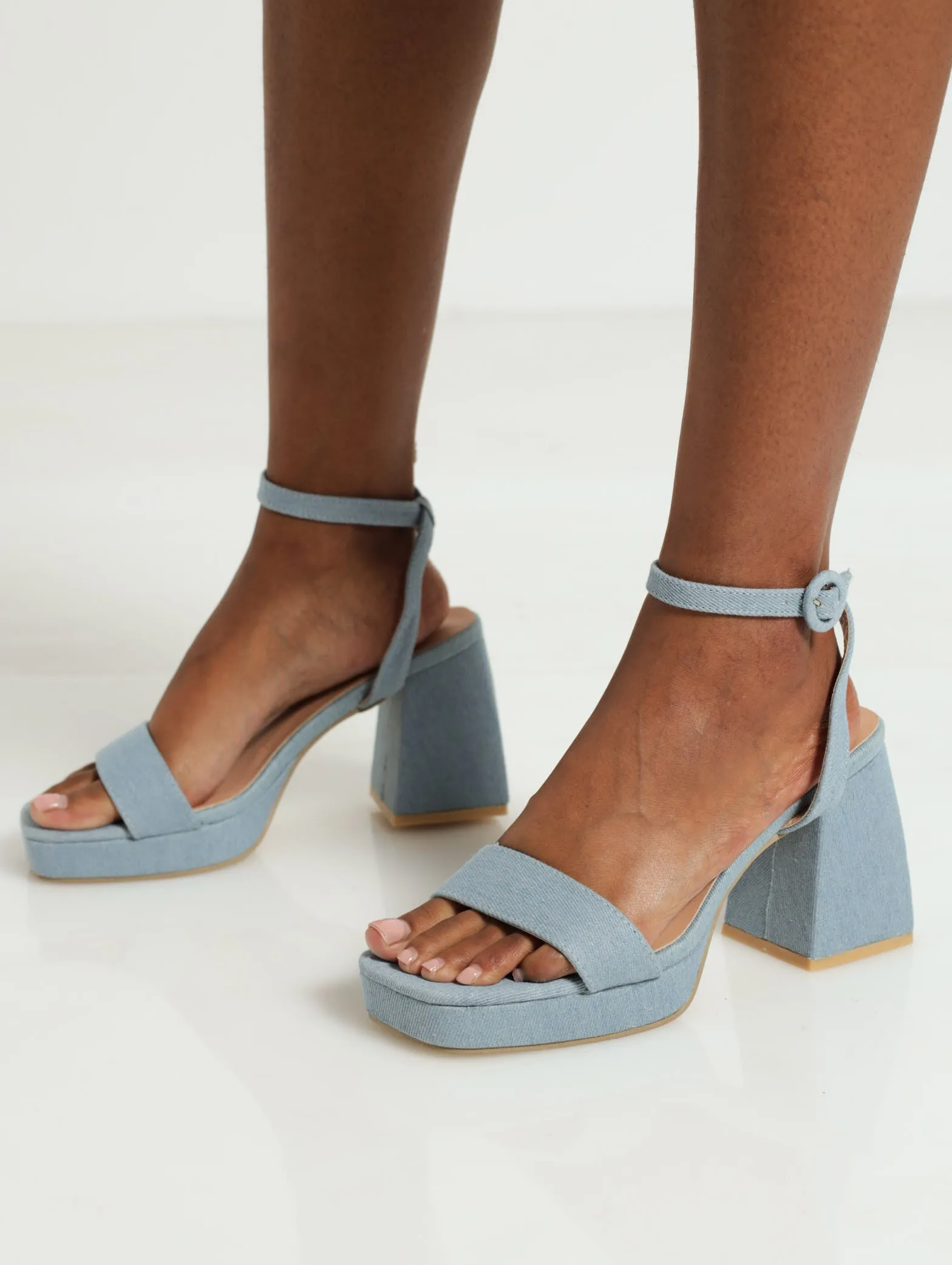 Platform Block Denim Mule With Ankle Strap