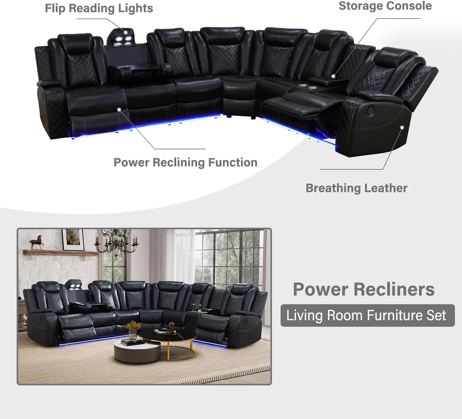 Power Reclining Sectional Sofa, Living Room Furniture Set with USB Chargers and Storage Console, Leather Recliner Sofa for Living Room/Apartment/Office/Home Theather (Black)