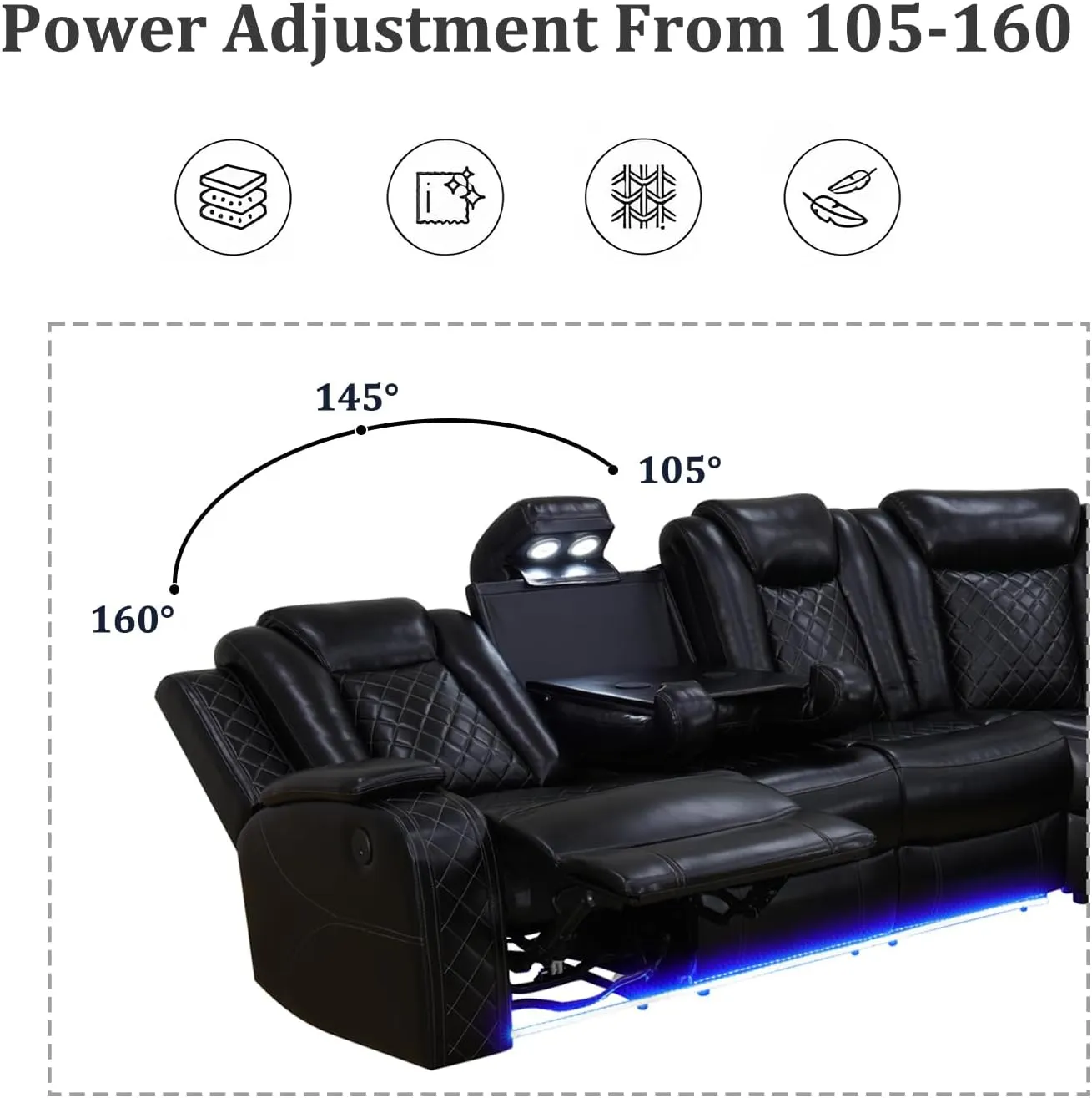 Power Reclining Sectional Sofa, Living Room Furniture Set with USB Chargers and Storage Console, Leather Recliner Sofa for Living Room/Apartment/Office/Home Theather (Black)